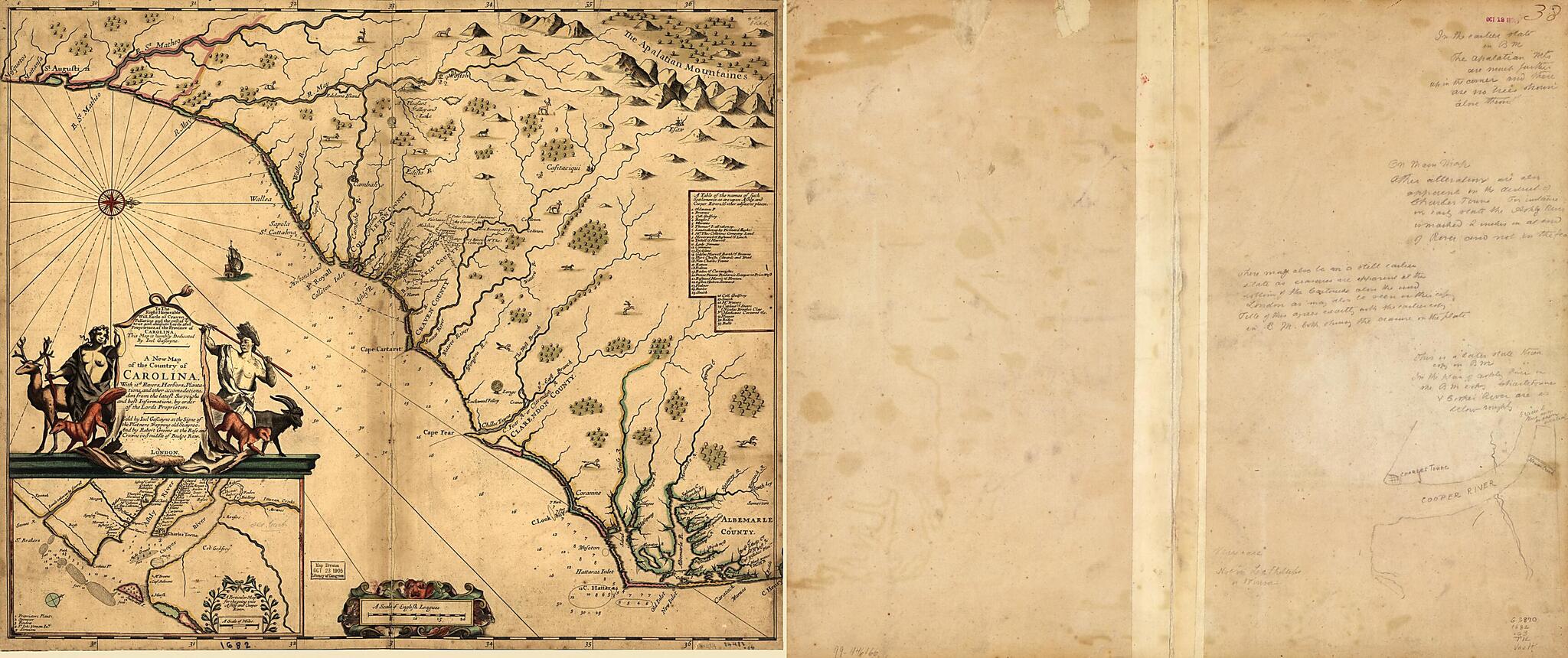 This old map of A New Map of the Country of Carolina from 1682 was created by Joel Gascoyne in 1682