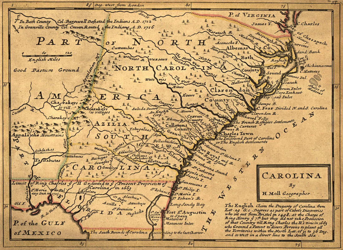 This old map of Carolina from 1732 was created by Herman Moll in 1732