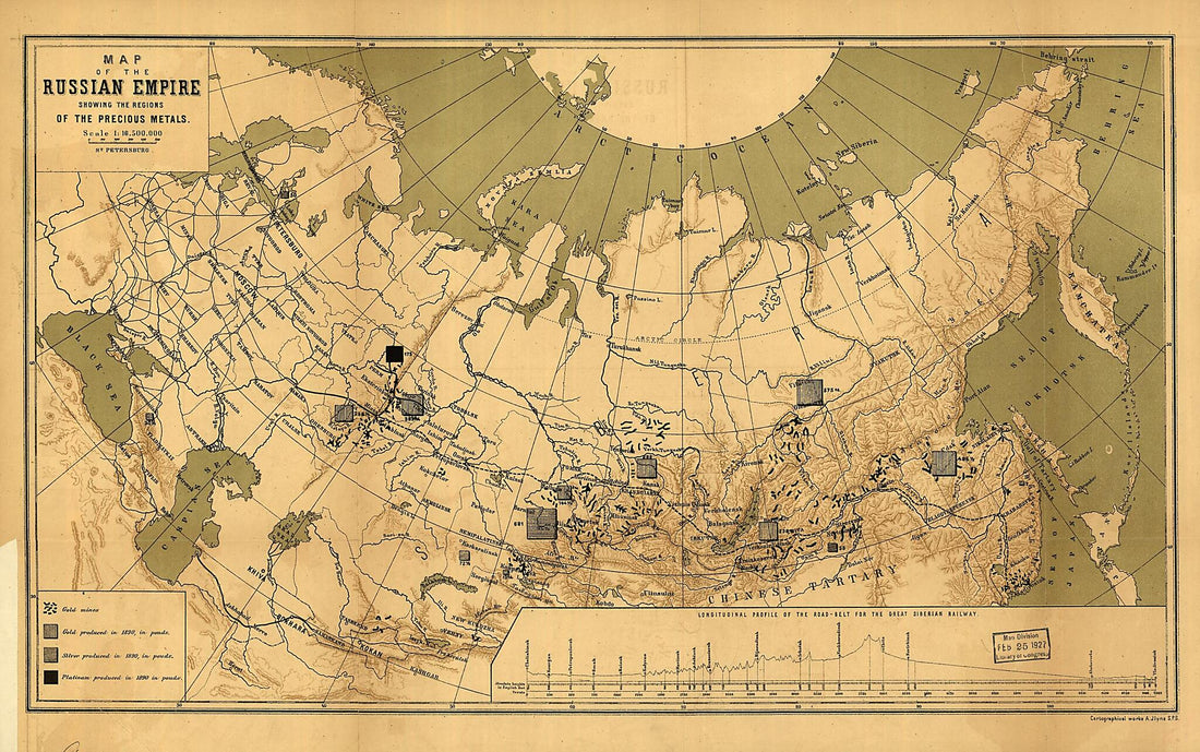 This old map of Map of the Russian Empire Showing the Regions of the Precious Metals from 1890 was created by A. Jlyne in 1890