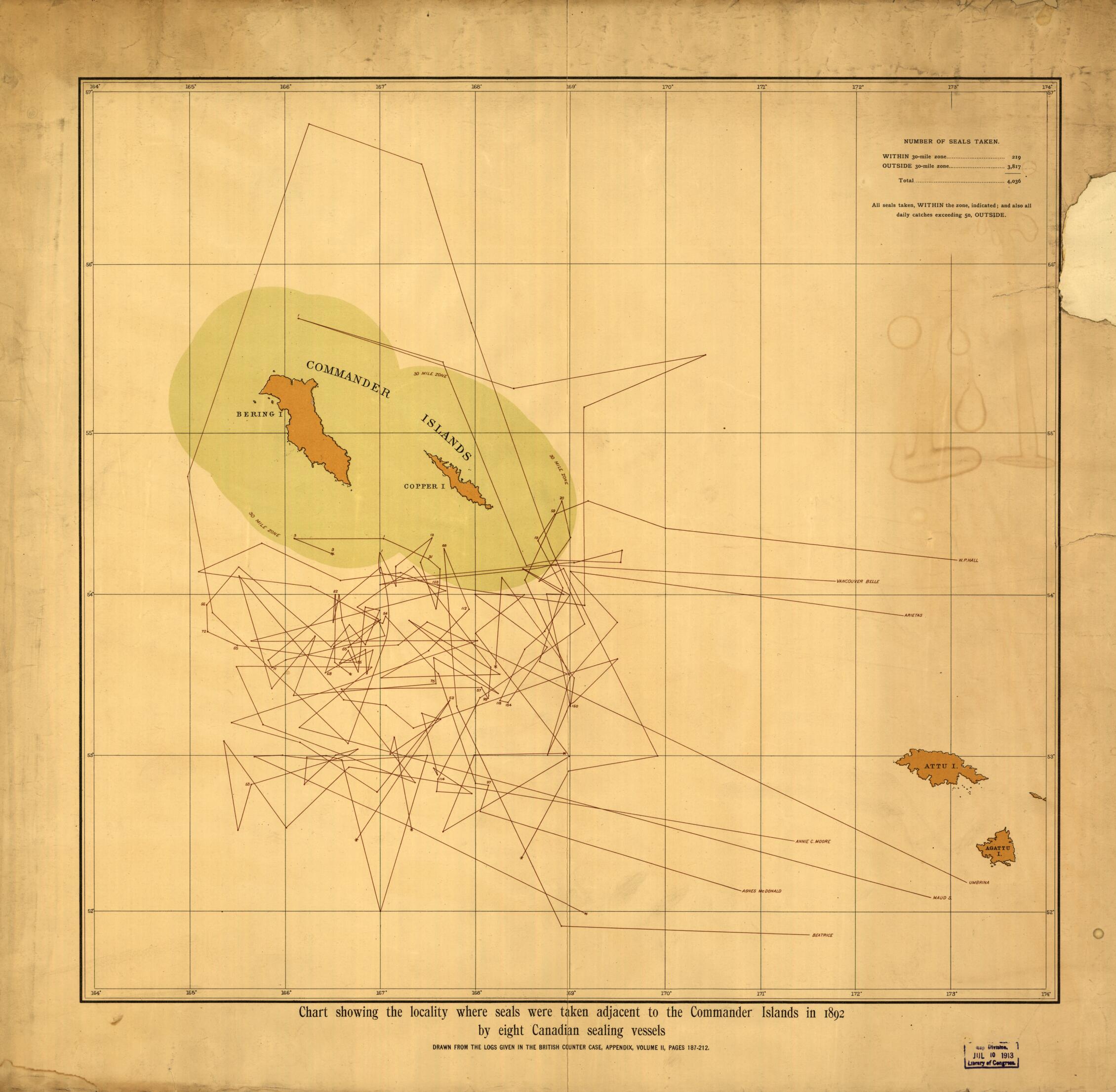 This old map of Chart Showing the Locality Where Seals Were Taken Adjacent to the Commander Islands In from 1892 by Eight Canadian Sealing Vessels was created by  in 1892