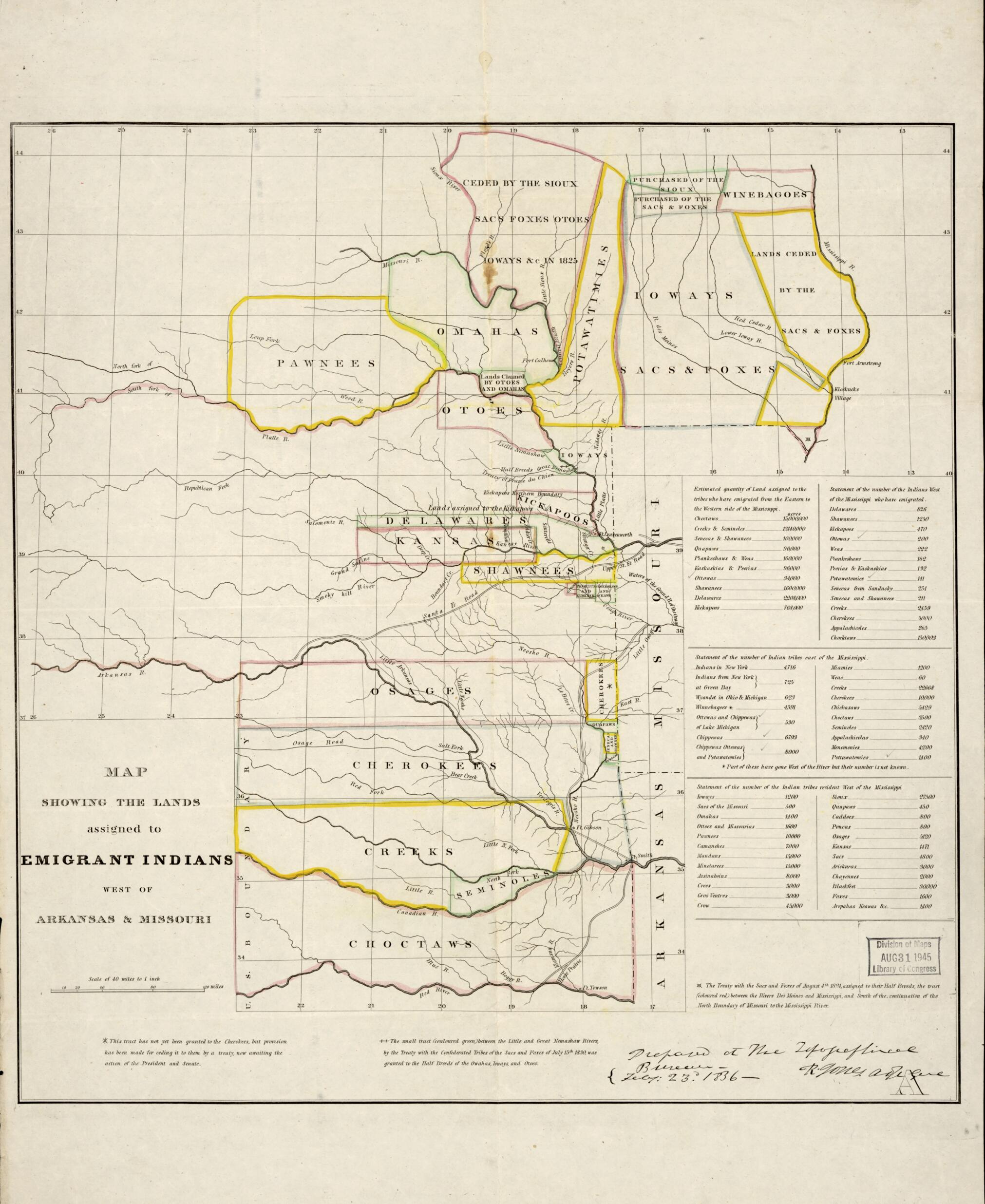 This old map of Map Showing the Lands Assigned to Emigrant Indians West of Arkansas and Missouri from 1836 was created by  United States. Topographical Bureau in 1836