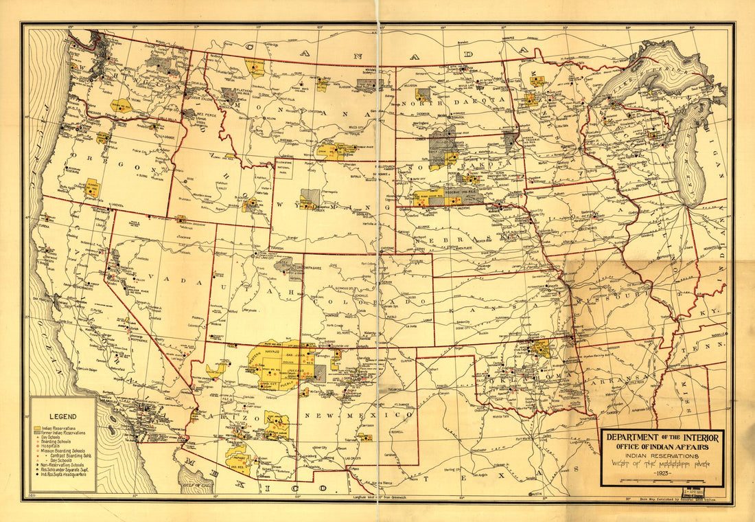 This old map of Indian Reservations West of the Mississippi River from 1923 was created by  United States. Office of Indian Affairs in 1923