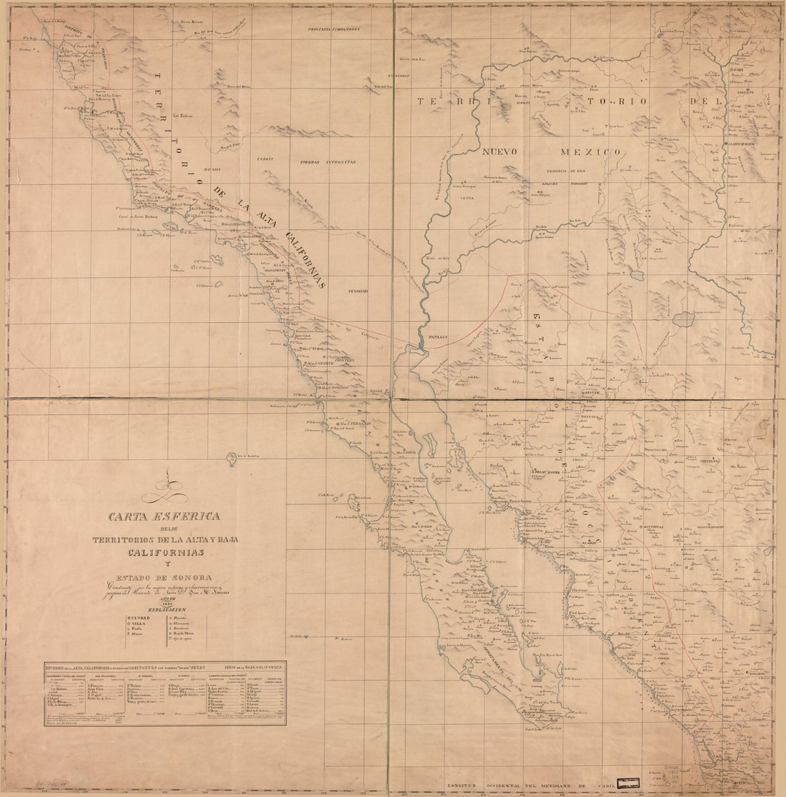 This old map of Carta Esferica De Los Territorios De La Alta Y Baja Californias Y Estado De Sonora from 1823 was created by Jose M. Narvaes in 1823