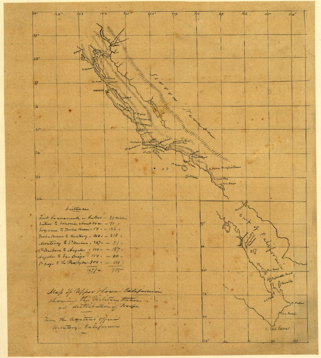 This old map of Map of Upper &amp; Lower California Showing the Military Stations and Distribution of Troops from 1847 was created by Joseph Goldsborough Bruff in 1847