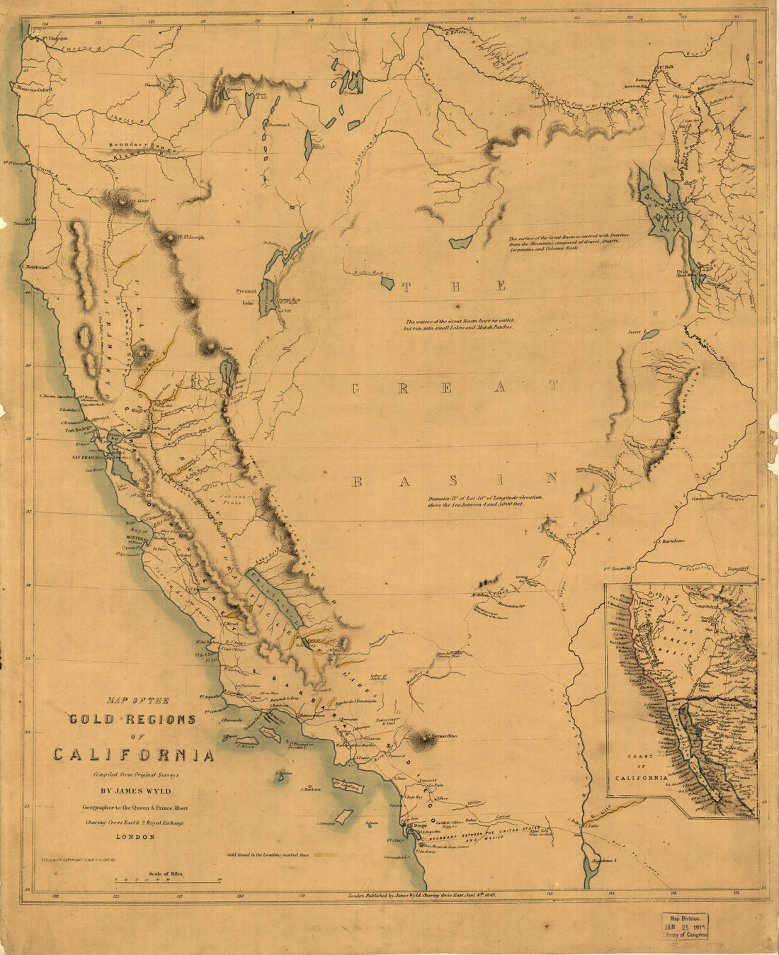 This old map of Map of the Gold Regions of California from 1849 was created by James Wyld in 1849