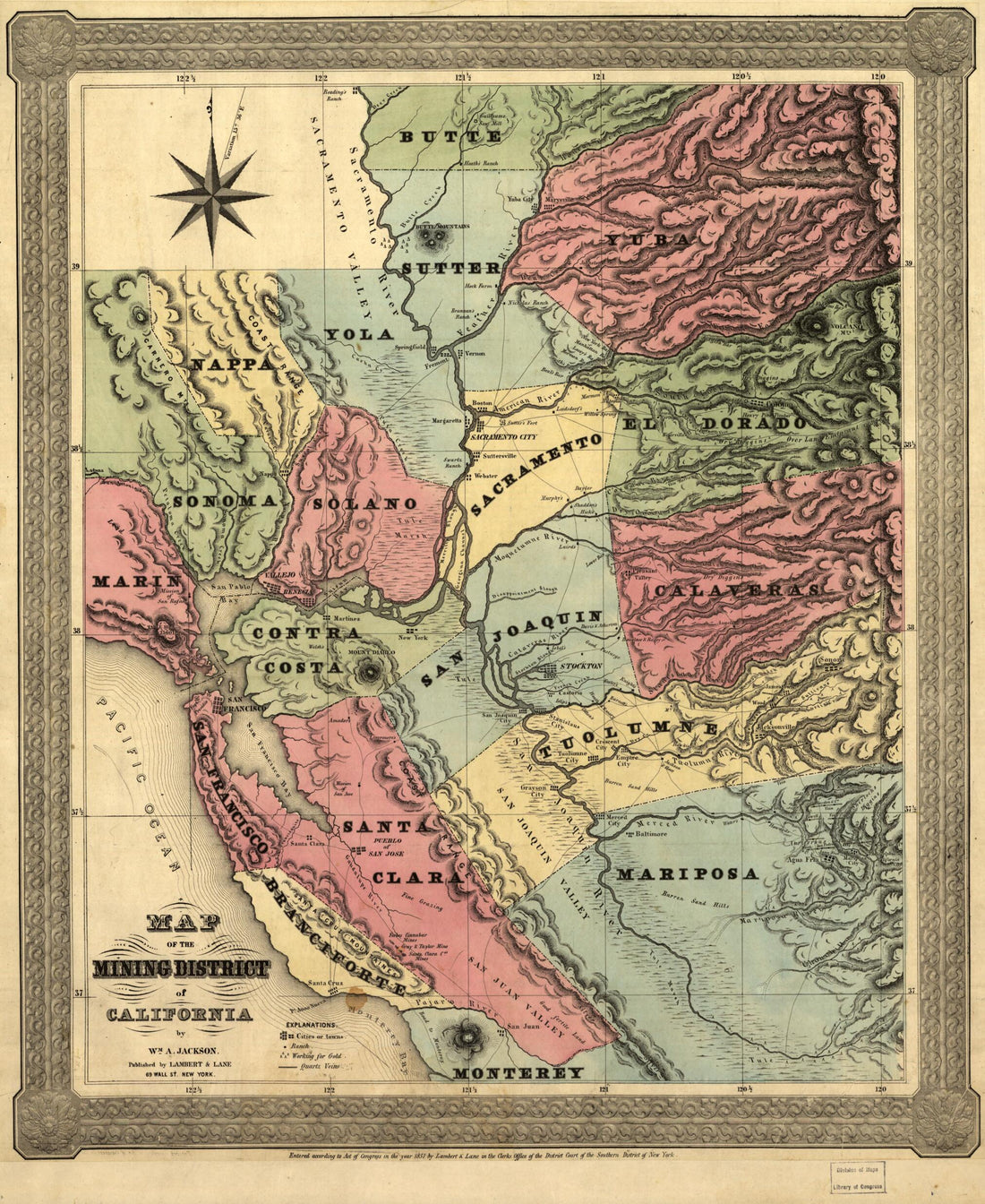 This old map of Map of the Mining District of California from 1851 was created by Wm. A. (William A.) Jackson,  Lambert &amp; Lane in 1851