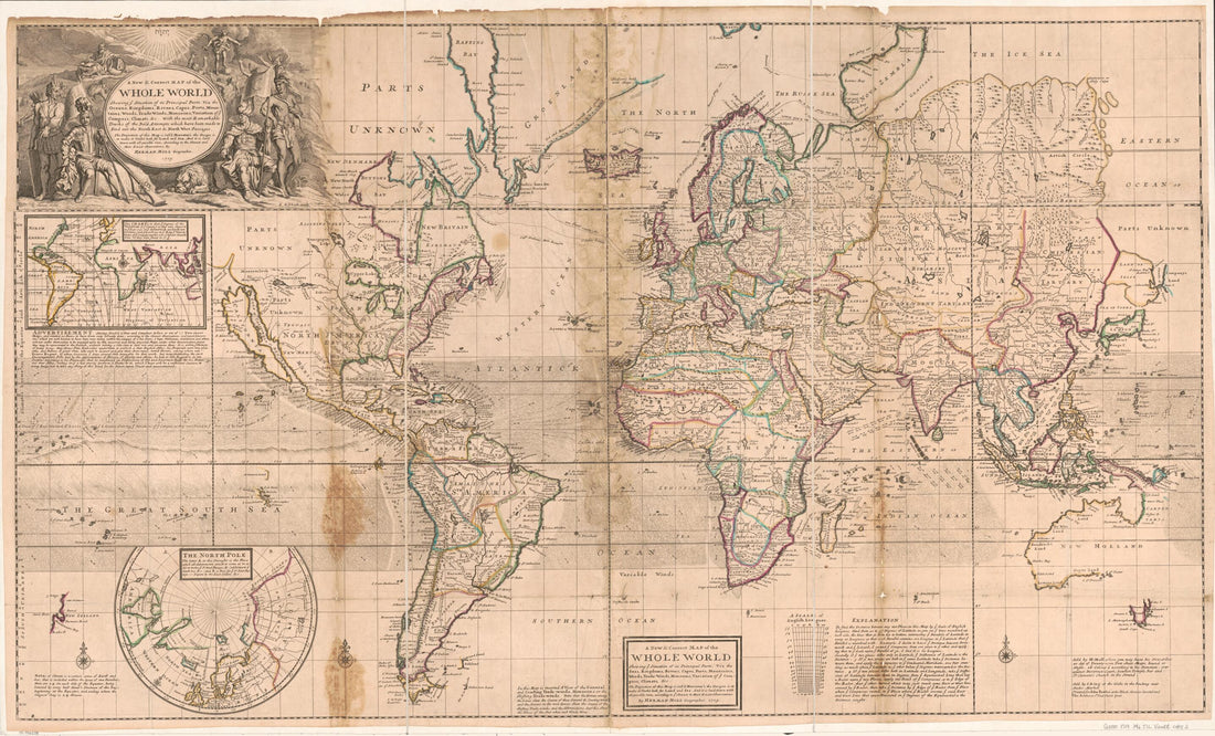 This old map of A New &amp; Correct Map of the Whole World from 1719 was created by Herman Moll in 1719