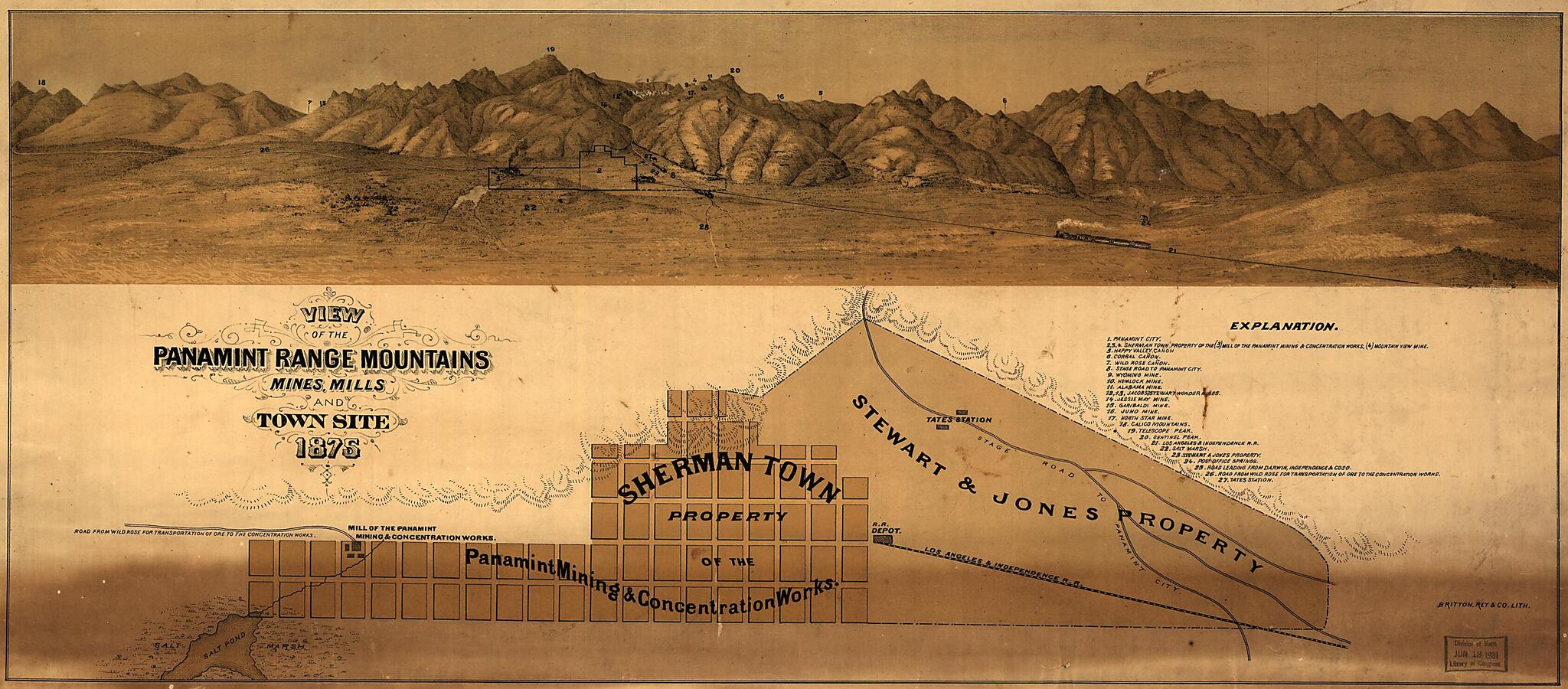This old map of View of the Panamint Range Mountains, Mines, Mills and Town Site ; Sherman Town, Property of the Panamint Mining &amp; Concentration Works from 1875 was created by Rey &amp; Co Britton,  Panamint Mining and Concentration Works in 1875