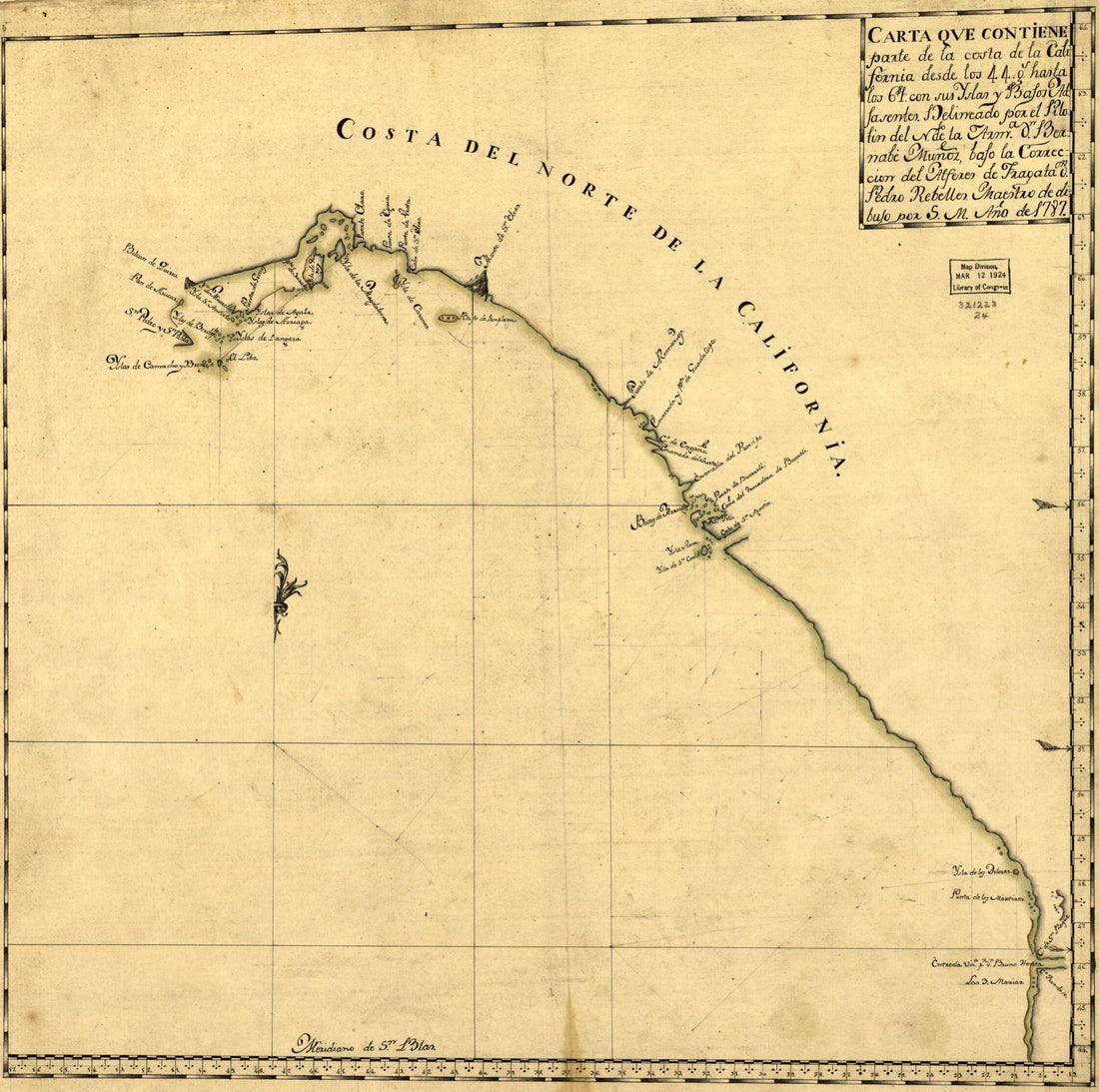 This old map of Carta Que Contiene Parte De La Costa De La California from 1787 was created by Bernabe Muñoz in 1787