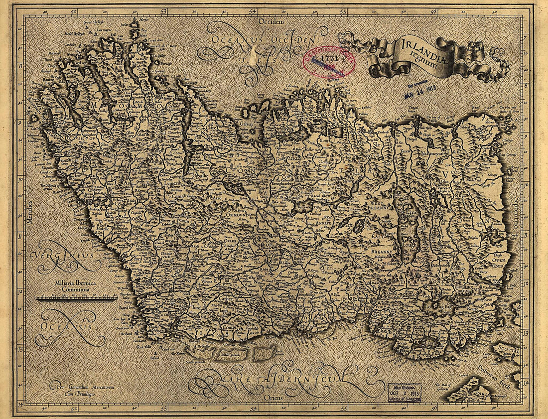 This old map of Irlandiae Regnum from 1600 was created by Gerhard Mercator in 1600