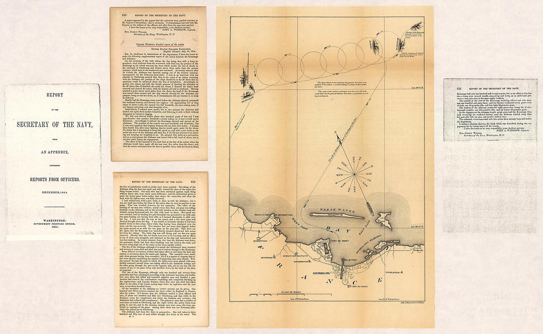 This old map of Map of the Defeat of the Confederate Ship Alabama by the U.S. Steamer Kearsarge On June 19, from 1864, Off Cherbourg, France was created by  United States. Navy in 1864