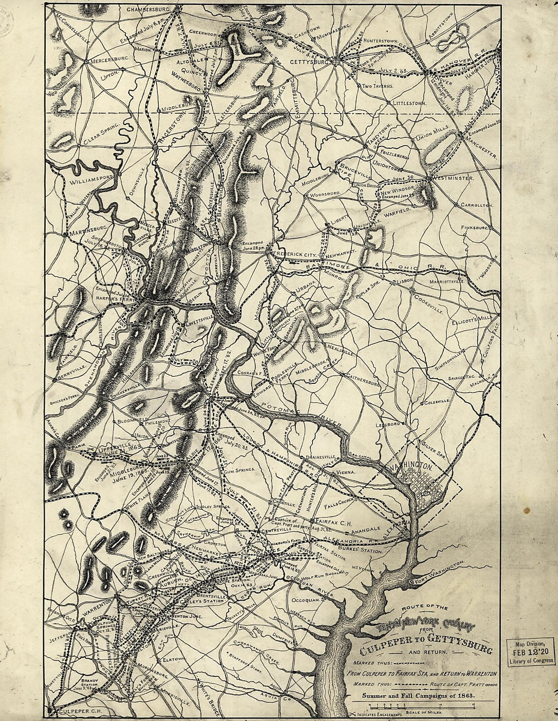 This old map of Route of the Tenth New York Cavalry from Culpeper to Gettysburg and Return. Summer and Fall Campaigns of from 1863 was created by Noble D. Preston, 10th United States. Army. New York Cavalry Regiment in 1863