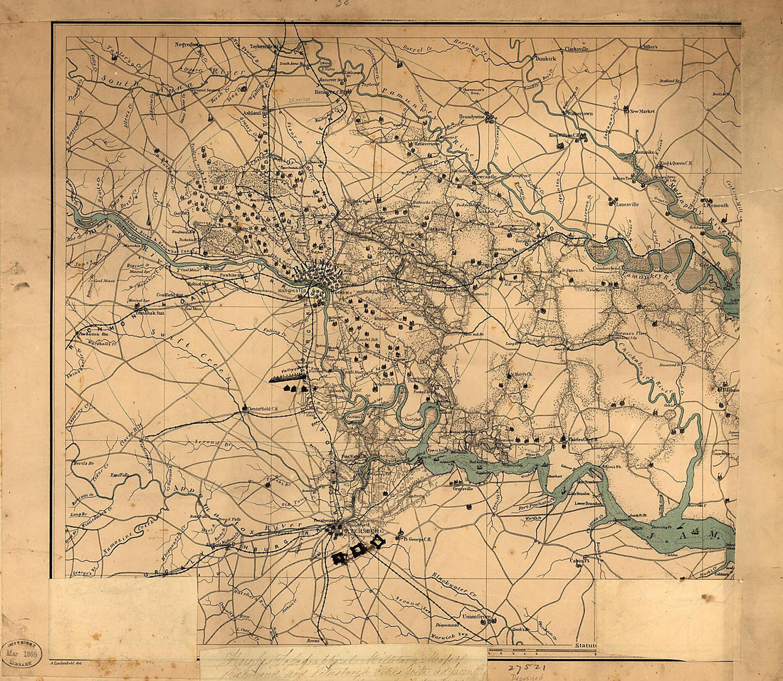 This old map of Hughes Topographical Military Map of Richmond and Petersburgh sic Cities With Adjacent Country In Perspective Showing the Rebel Fortifications from 1864 was created by William C. Hughes in 1864