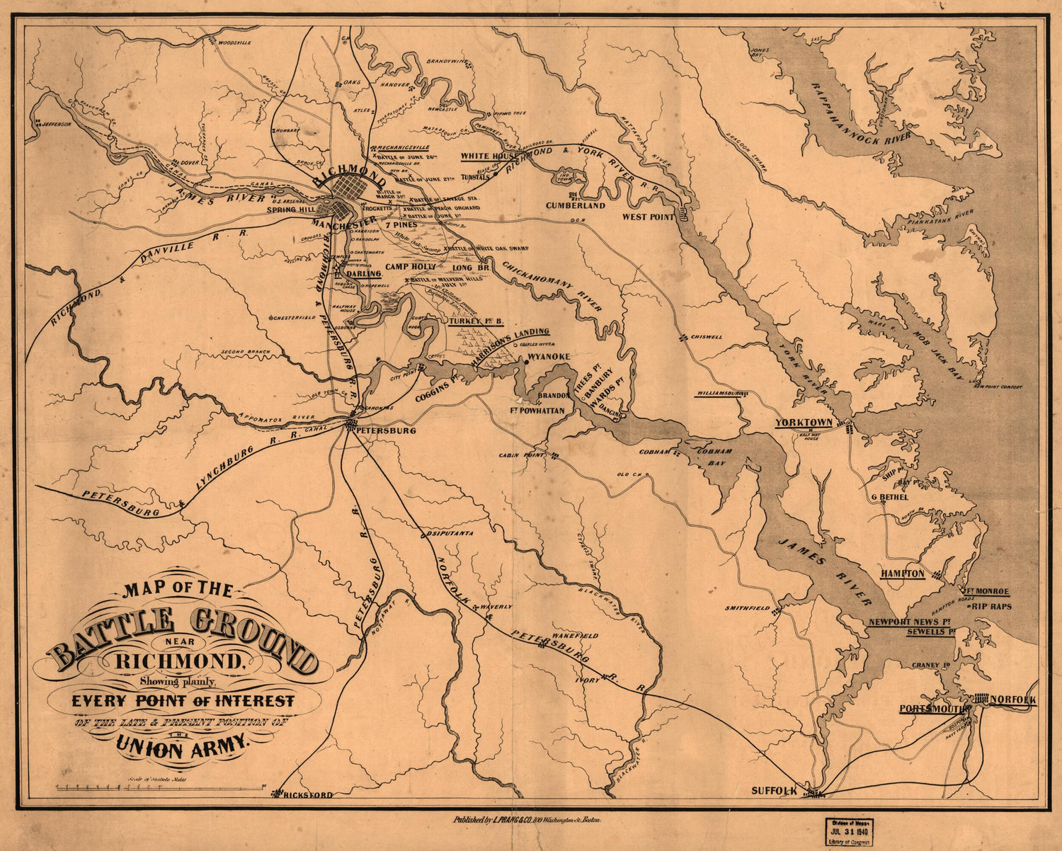 This old map of Map of the Battle Ground Near Richmond, Showing Plainly, Every Point of Interest of the Late &amp; Present Position of the Union Army from 1862 was created by  L. Prang &amp; Co in 1862