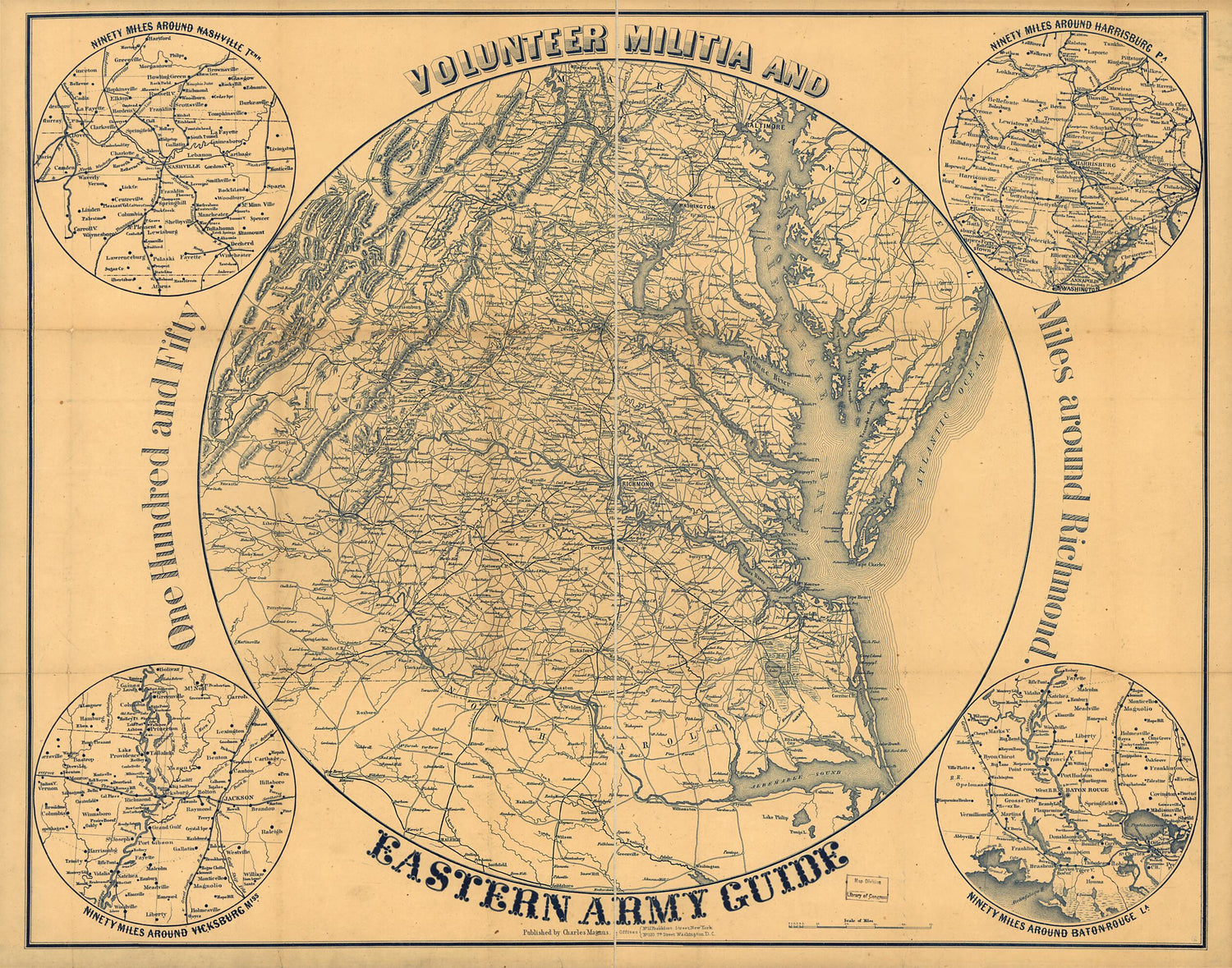 This old map of Volunteer Militia and Eastern Army Guide. One Hundred and Fifty Miles Around Richmond from 1860 was created by Charles Magnus in 1860