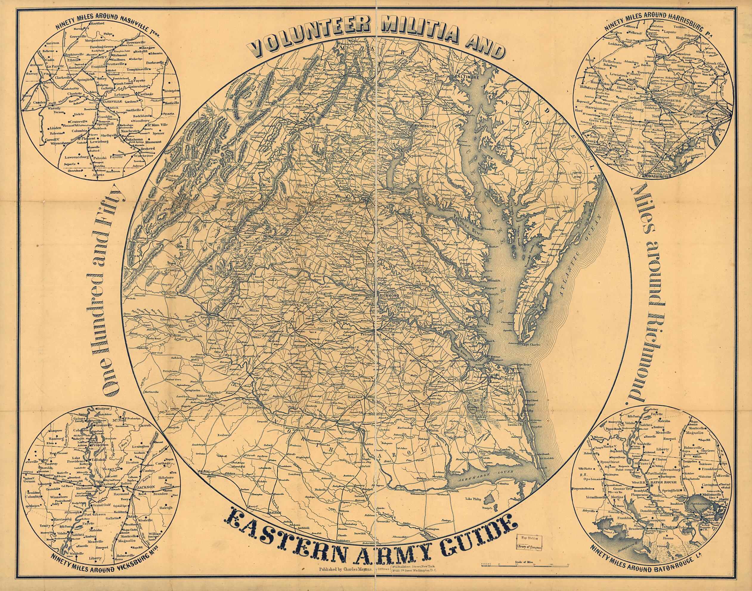 This old map of Volunteer Militia and Eastern Army Guide. One Hundred and Fifty Miles Around Richmond from 1860 was created by Charles Magnus in 1860