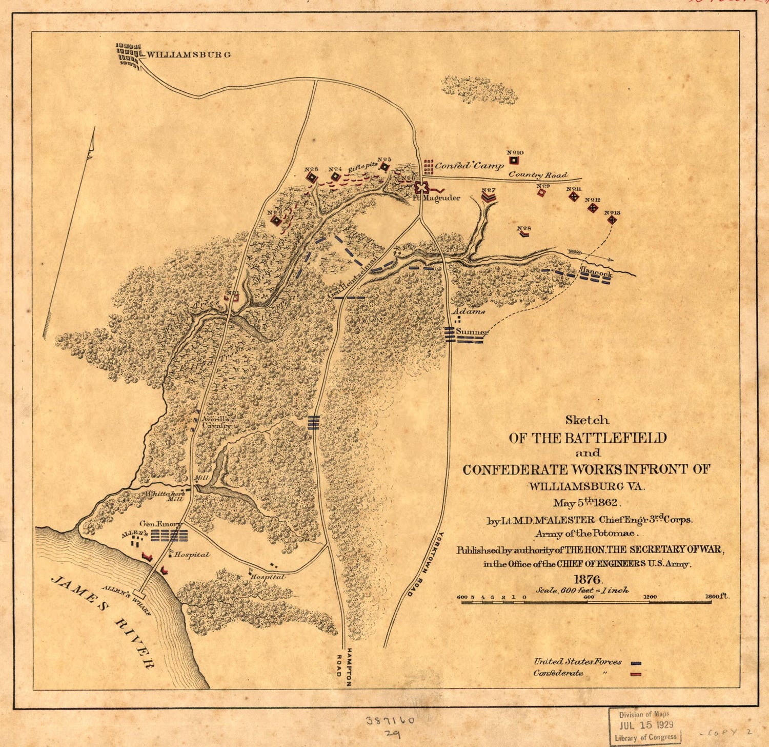 This old map of Sketch of the Battlefield and Confederate Works In Front of Williamsburg, Va., May 5th 1862 from 1876 was created by Miles D. McAlester in 1876