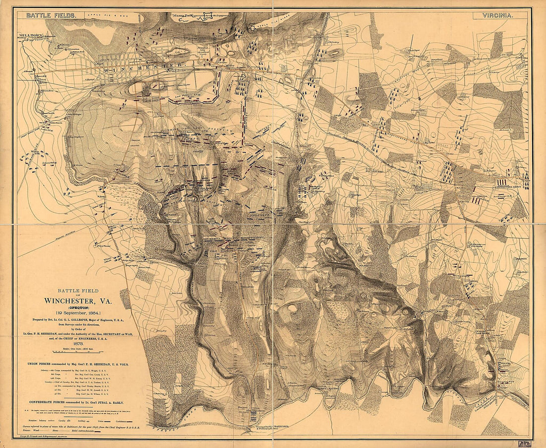 This old map of Battle Field of Winchester, Va. (Opequon) September 19, 1864 from 1873 was created by G. L. Gillespie in 1873