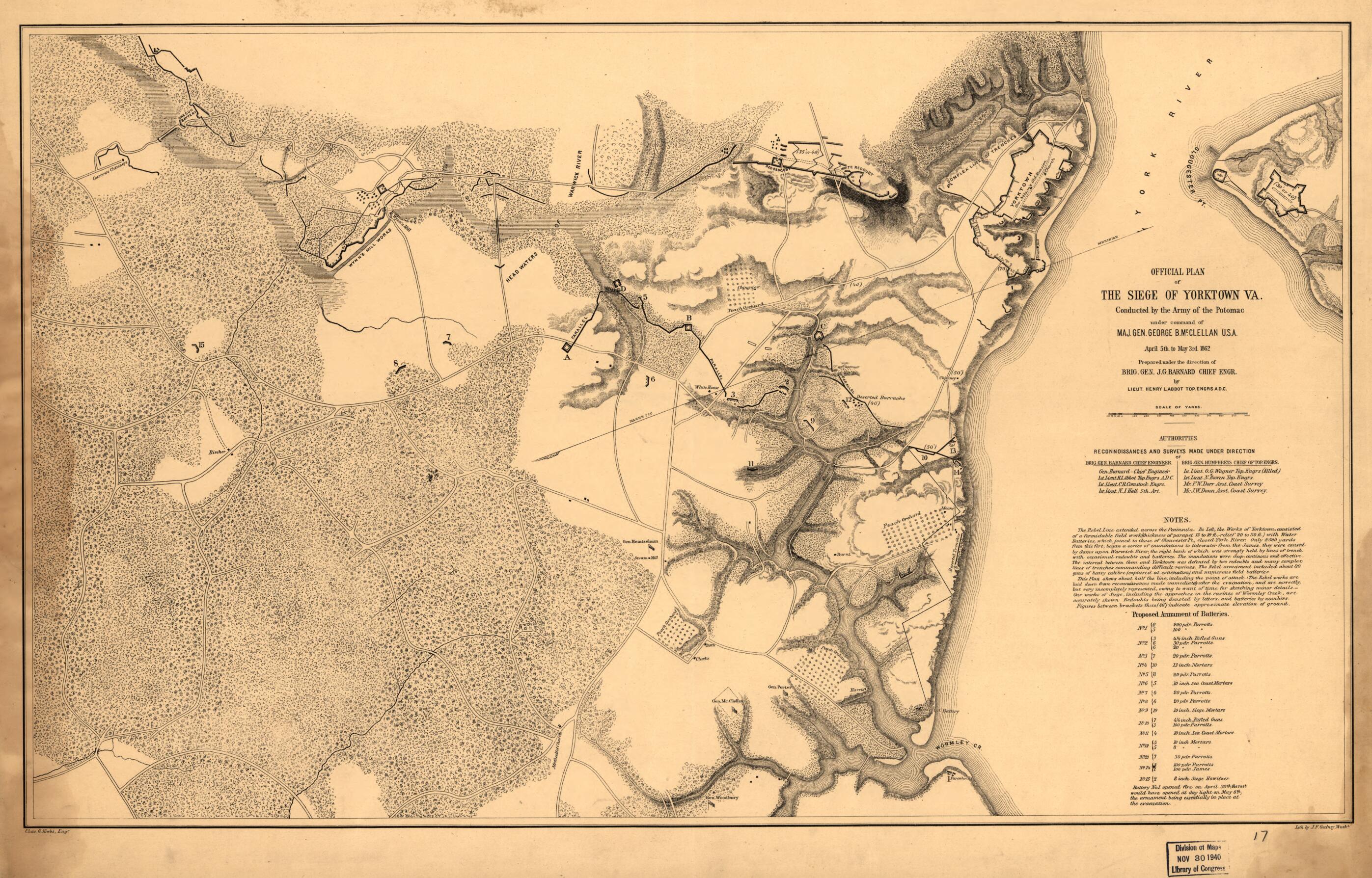 This old map of Official Plan of the Siege of Yorktown, Va., Conducted by the Army of the Potomac Under Command of Maj. Gen. George B. McClellan, U.S.A., April 5th to May 3rd from 1862 was created by Henry L. Abbot in 1862