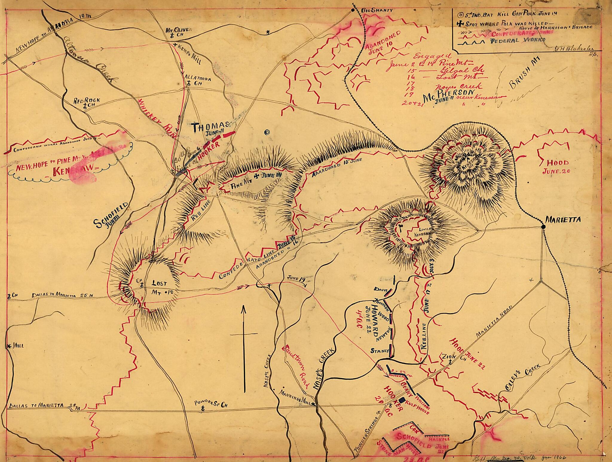 This old map of Map of the Environs of Pine Mountain, Lost Mountain, Kenesaw Mountain, and Little Kenesaw Mountain from 1864 was created by G. H. Blakeslee in 1864