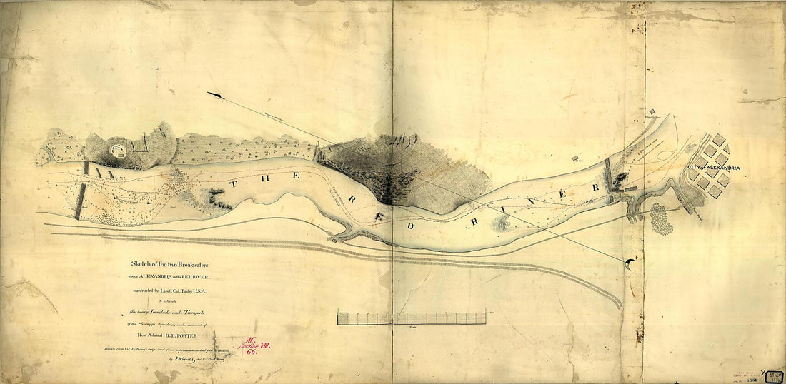 This old map of Sketch of the Two Breakwaters Above Alexandria In the Red River from 1864 was created by Lewis G. De Russy, F. H. Gerdes in 1864