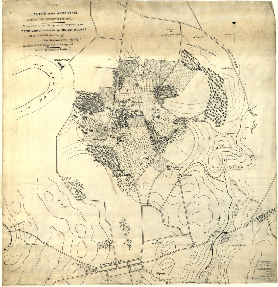This old map of Battle of the Antietam Fought September 16 &amp; 17, from 1862 was created by W. S. Long, Washington A. Roebling in 1862