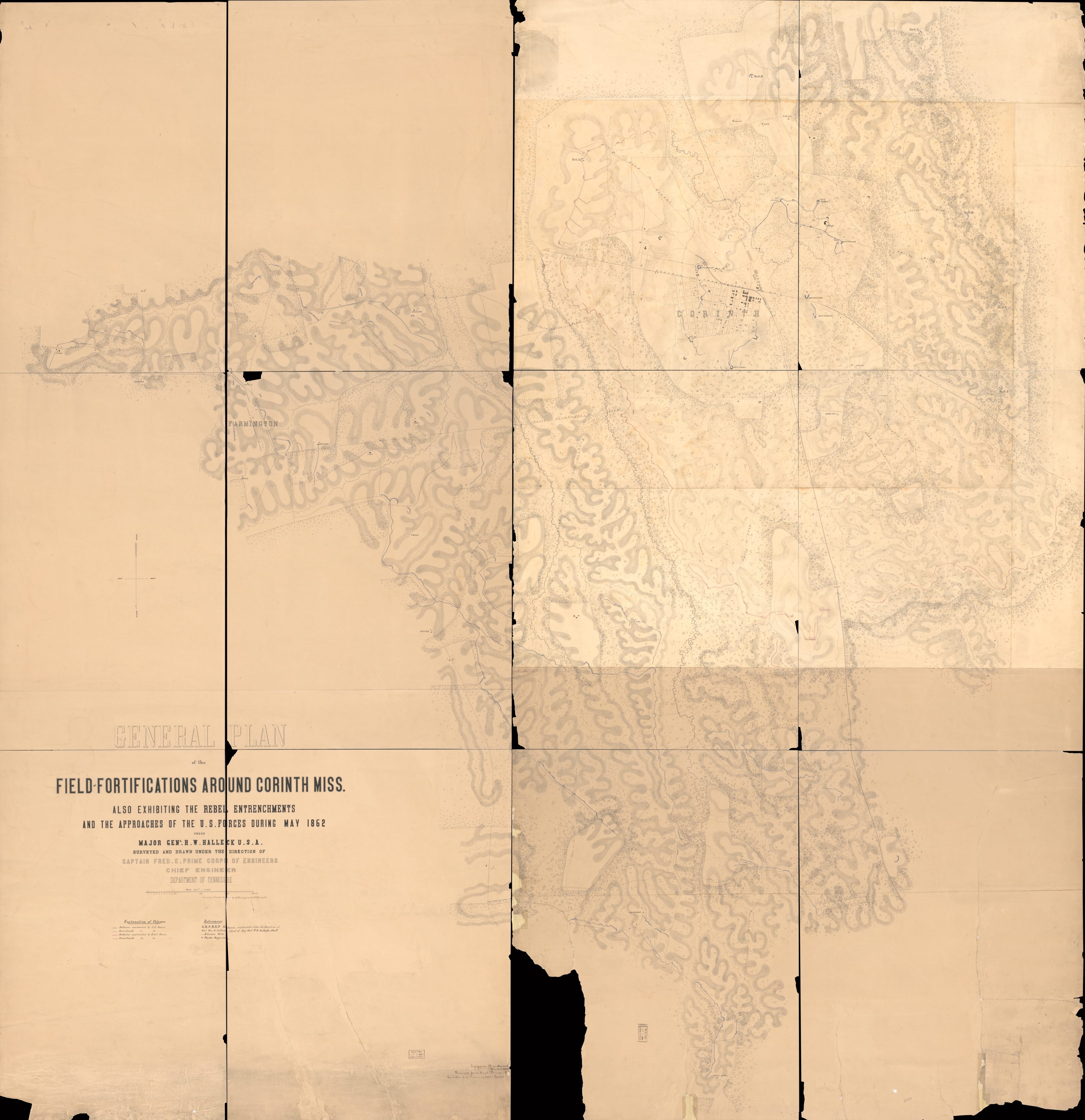 This old map of Fortifications Around Corinth, Mississippi : Also Exhibiting the Rebel Entrenchments and the Approaches of the U.S. Forces During May from 1862 Under Major Genl. H. W. Halleck, U.S.A was created by Fred. E. Prime, F. Shraag, F. Theinert i