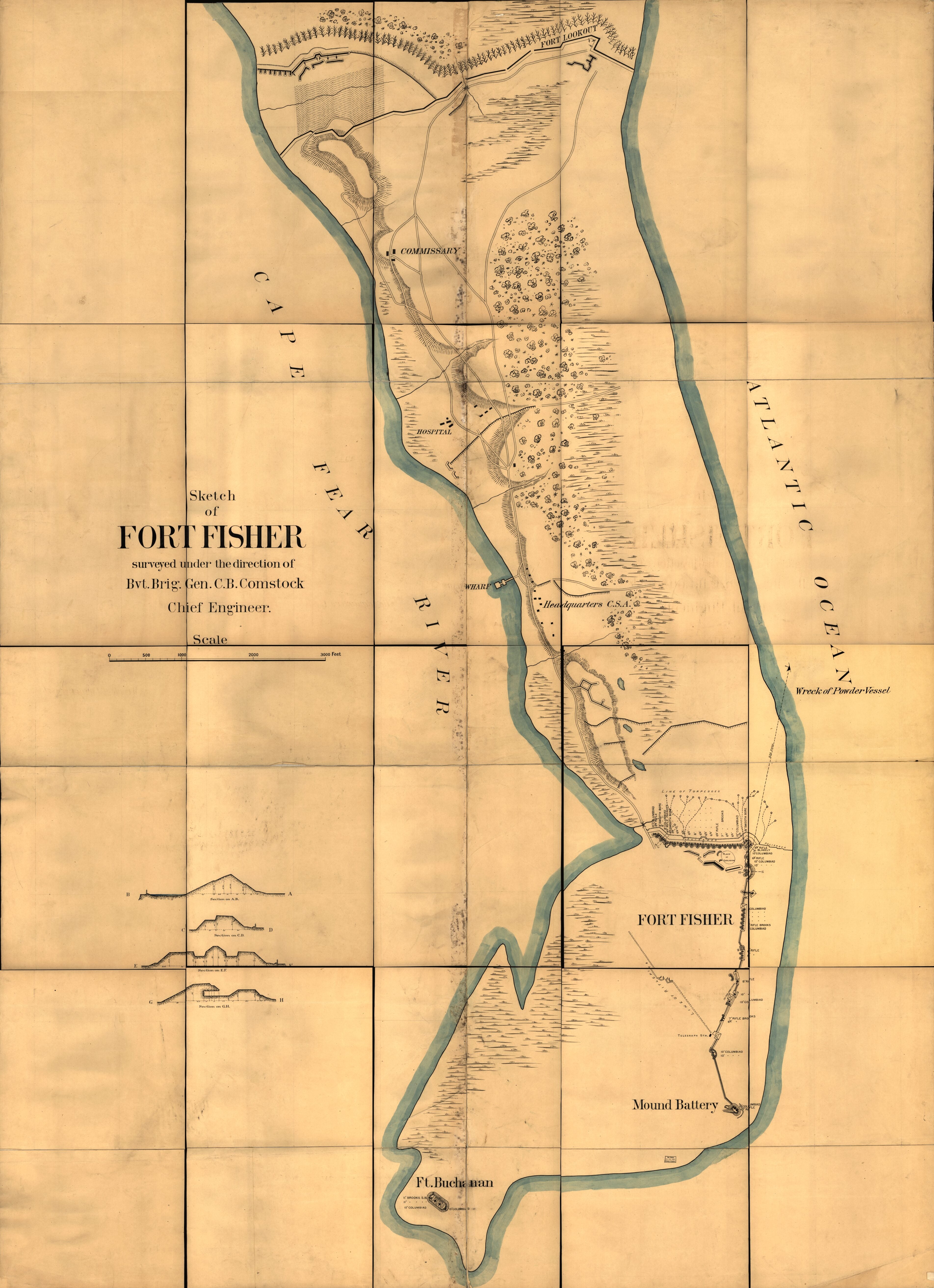 This old map of Sketch of Fort Fisher from 1863 was created by C. B. (Cyrus Ballou) Comstock in 1863