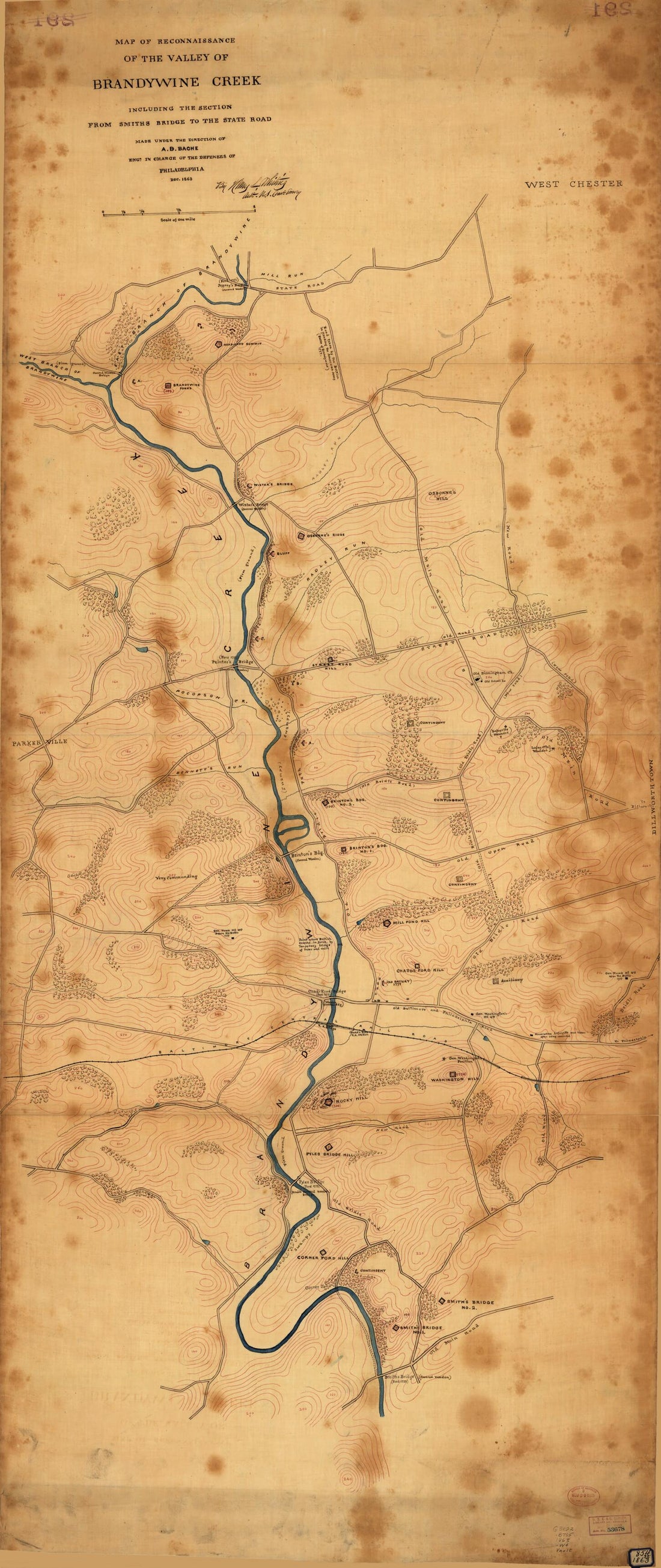 This old map of Map of Reconnaissance of the Valley of Brandywine Creek : Including the Section from Smiths Bridge to the State Road from 1863 was created by A. D. (Alexander Dallas) Bache,  United States Coast Survey, Henry L. Whiting in 1863