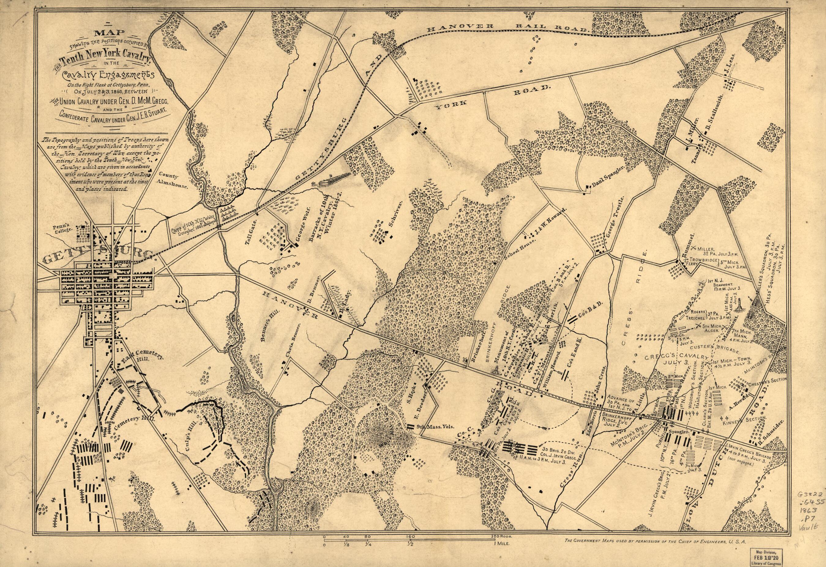 This old map of Map Showing the Positions Occupied by the Tenth New York Cavalry In the Cavalry Engagements On the Right Flank at Gettysburg, Pennsylvania : On July 2 &amp; 3, from 1863, Between the Union Cavalry Under Gen. D. McM. Gregg and the Confederate 