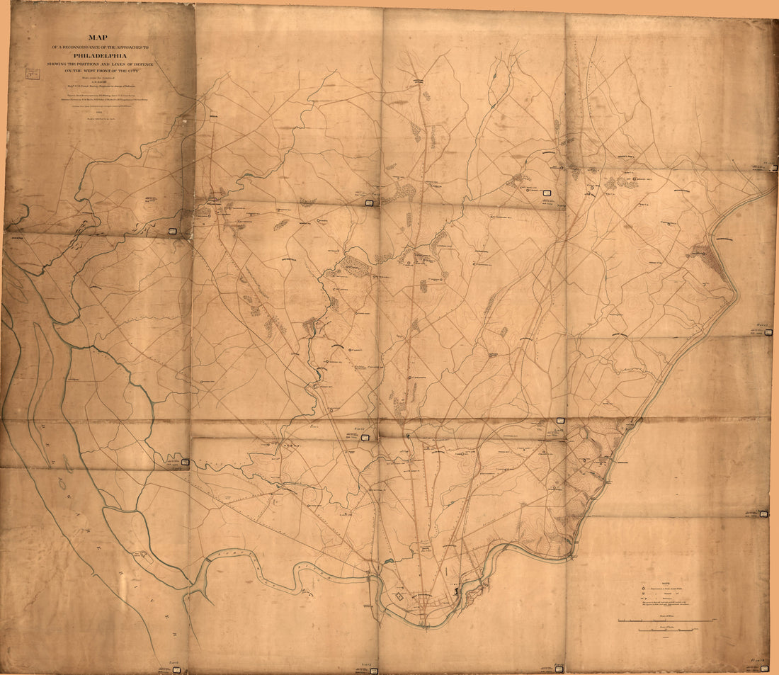 This old map of Map of a Reconnoissance sic of the Approaches to Philadelphia Showing the Positions and Lines of Defence On the West Front of the City from 1863 was created by A. D. (Alexander Dallas) Bache,  United States Coast Survey, Henry L. Whiting 