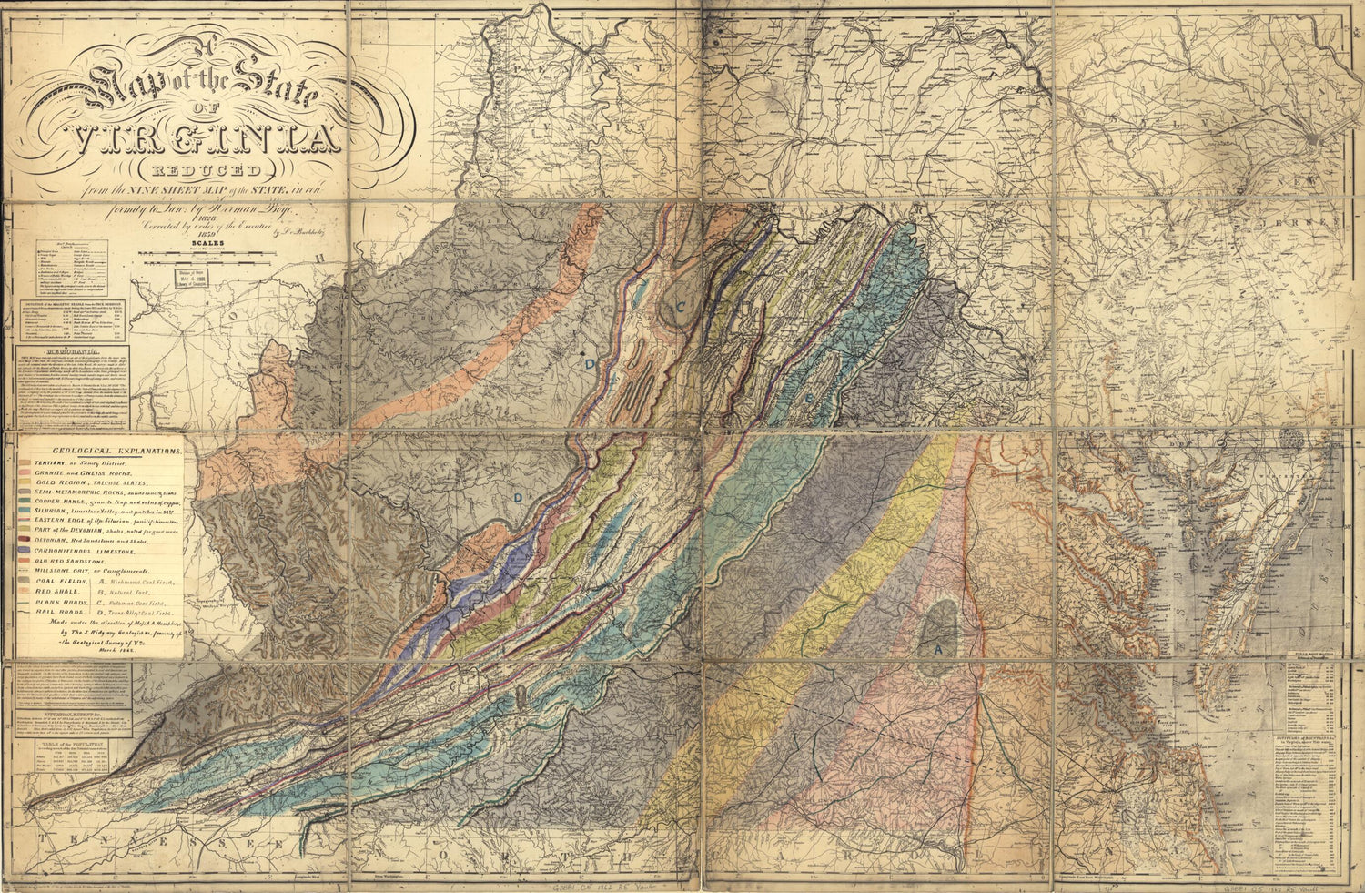This old map of Geological Map of the State of Virginia from 1862 was created by Herman Böÿe, A. A. (Andrew Atkinson) Humphreys, Thomas S. Ridgeway in 1862