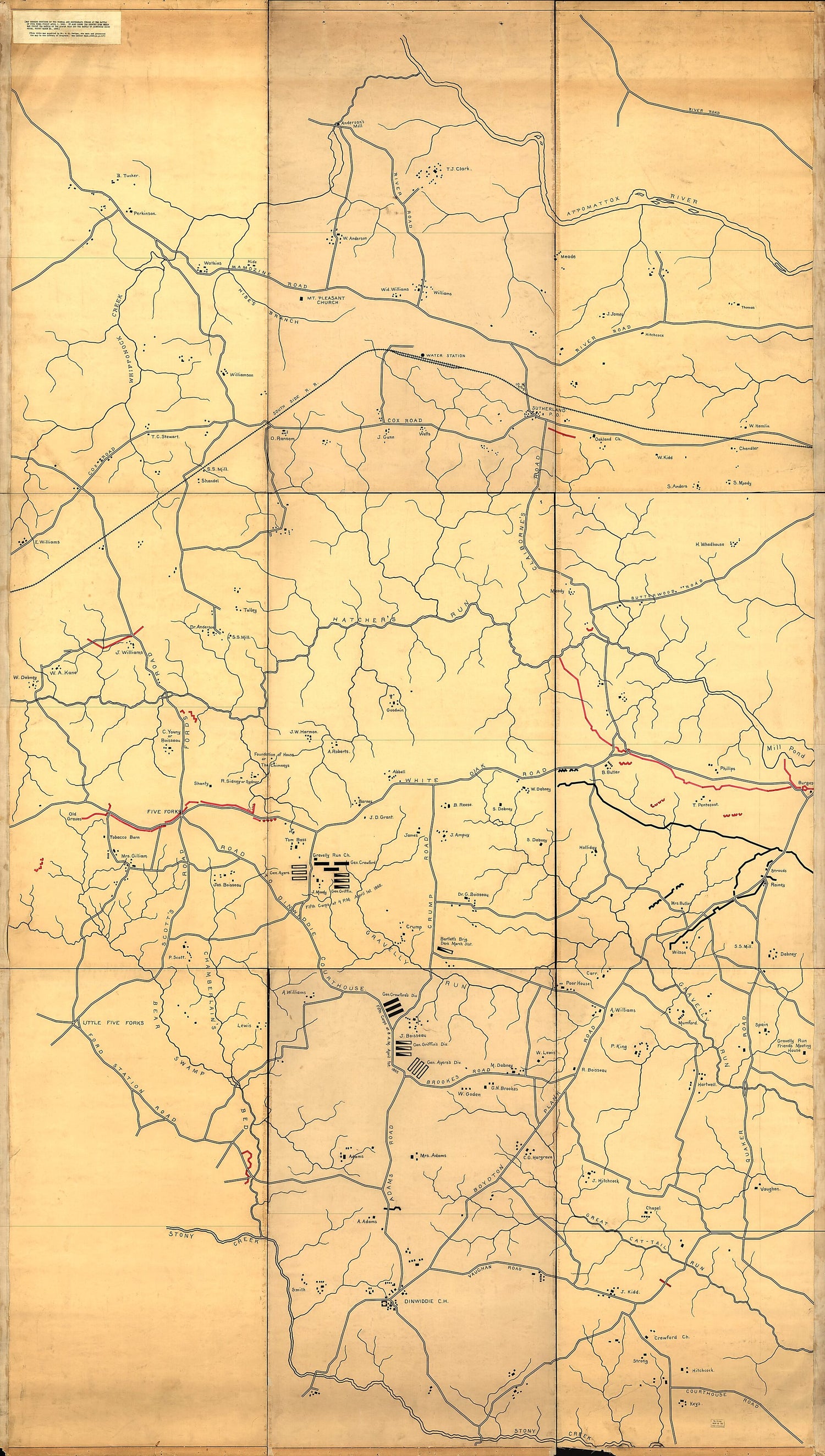 This old map of Map Showing Portions of the Federal and Confederate Forces at the Battle of Five Forks, Fought April 1, from 1865 : It Also Shows the Country Over Which Was Fought the Battle of Quaker Road and the Battle of Dinwiddie Court House, Fought 