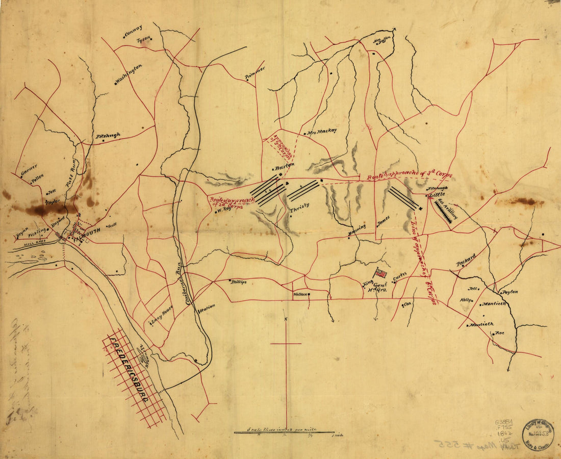 This old map of Approaches of A. of P. to Fredericksburg. (Approaches of Army of Potomac to Fredericksburg) from 1862 was created by  United States. Army of the Potomac in 1862