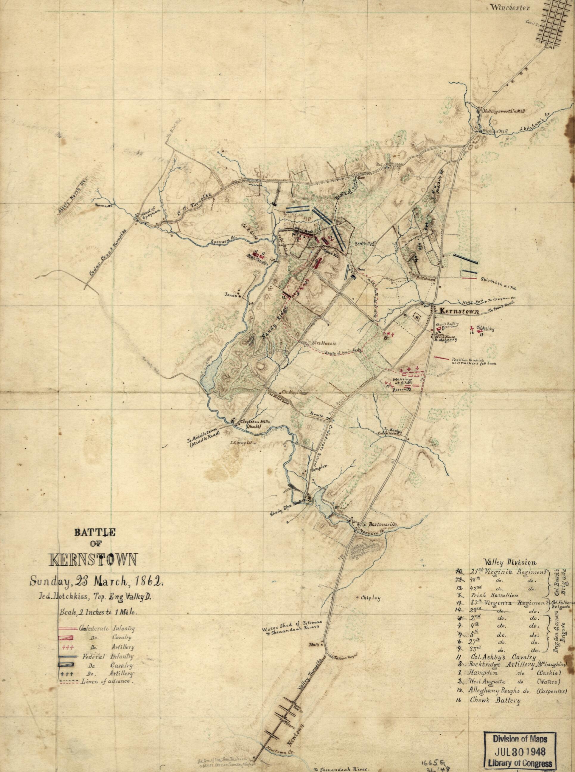 This old map of Battle of Kernstown, Sunday, 23 March, from 1862 was created by Jedediah Hotchkiss in 1862