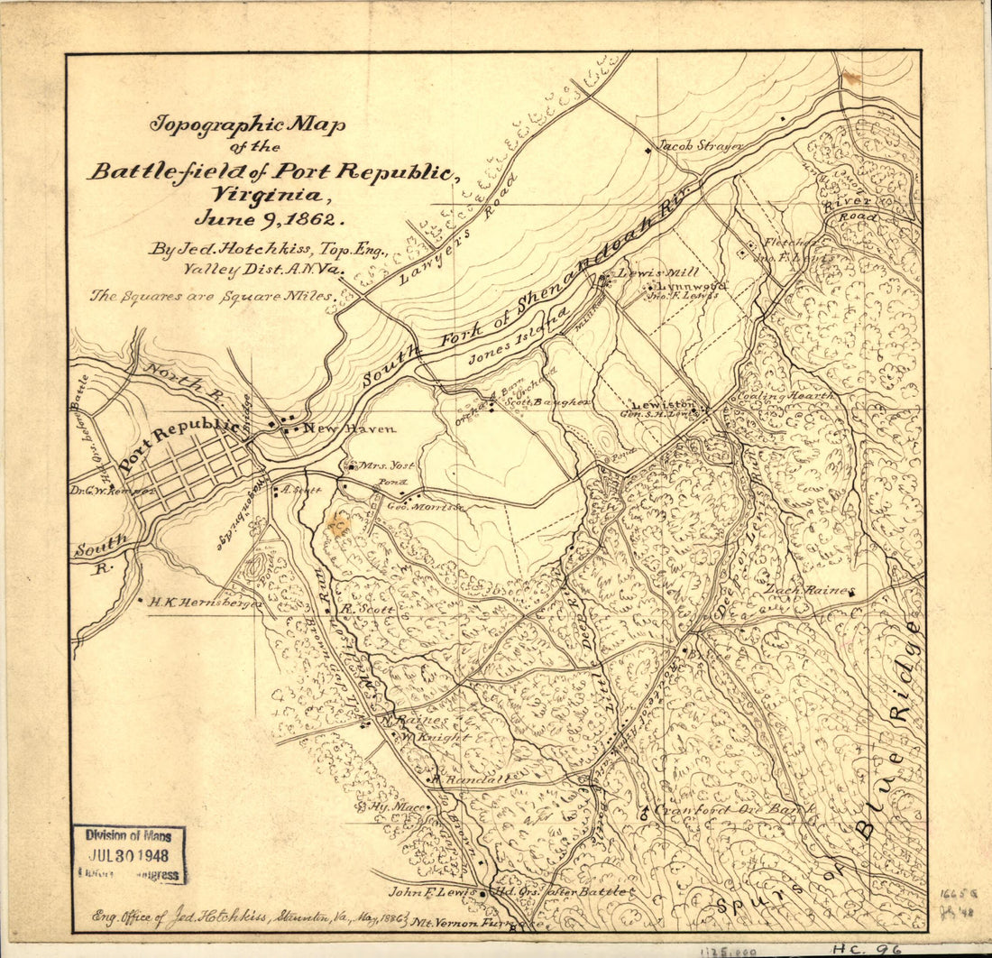 This old map of Field of Port Republic, Virginia, June 9, 1862 from 1886 was created by Jedediah Hotchkiss in 1886