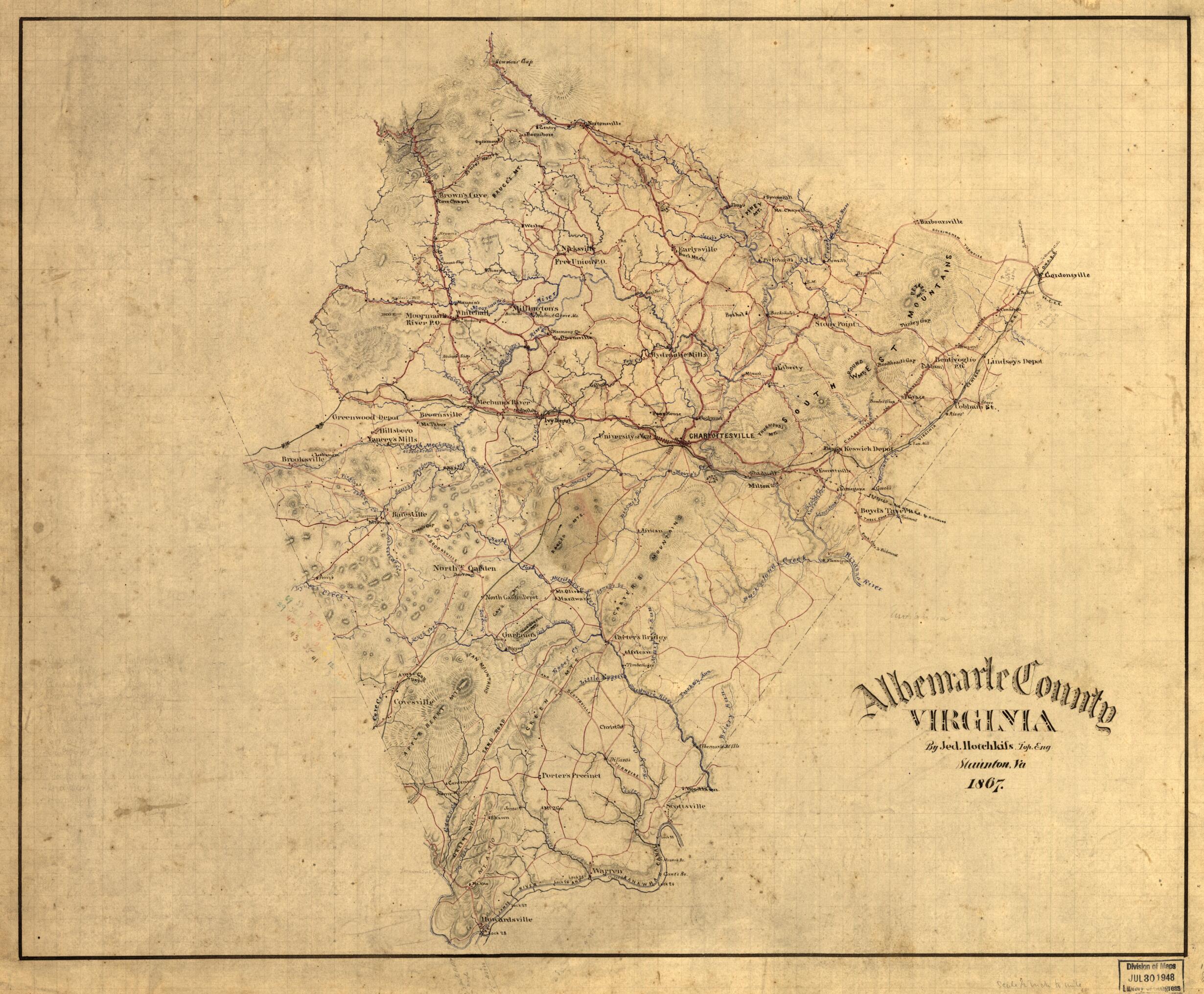 This old map of Albemarle County, Virginia from 1867 was created by Jedediah Hotchkiss in 1867