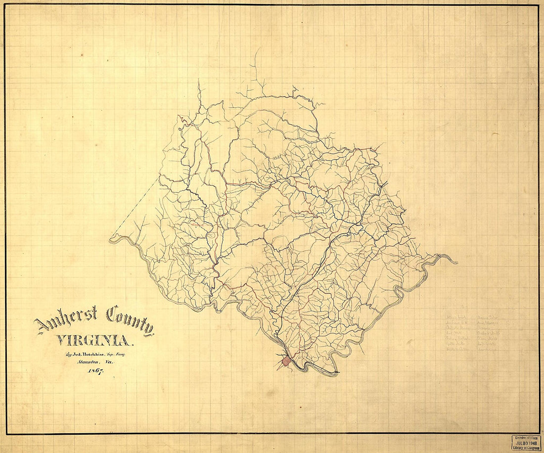 This old map of Amherst County, Virginia from 1867 was created by Jedediah Hotchkiss in 1867