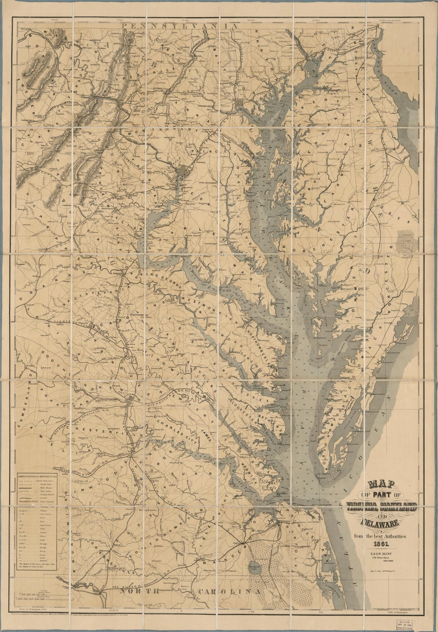 This old map of Map of Part of Virginia, Maryland, and Delaware : from the Best Authorities from 1861 was created by Julius Bien,  E. &amp; G.W. Blunt (Firm), Millard Fillmore, Chas. (Charles) Heyne in 1861