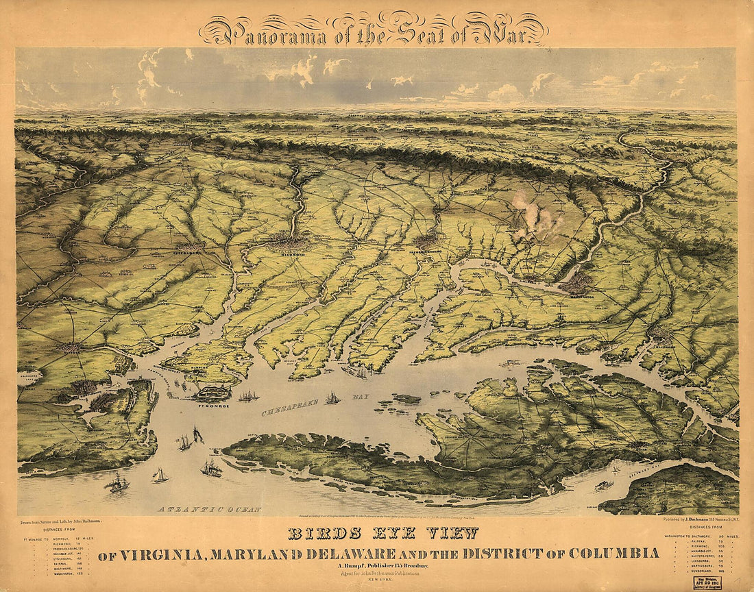 This old map of Panorama of the Seat of War. Birds Eye View of Virginia, Maryland, Delaware, and the District of Columbia from 1861 was created by John Bachmann in 1861