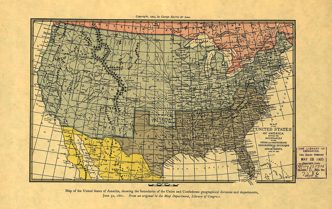 This old map of Map of the United States of America Showing the Boundaries of the Union and Confederate Geographical Divisions and Departments, June 30, 1861 from 1905 was created by  George Barrie and Sons in 1905