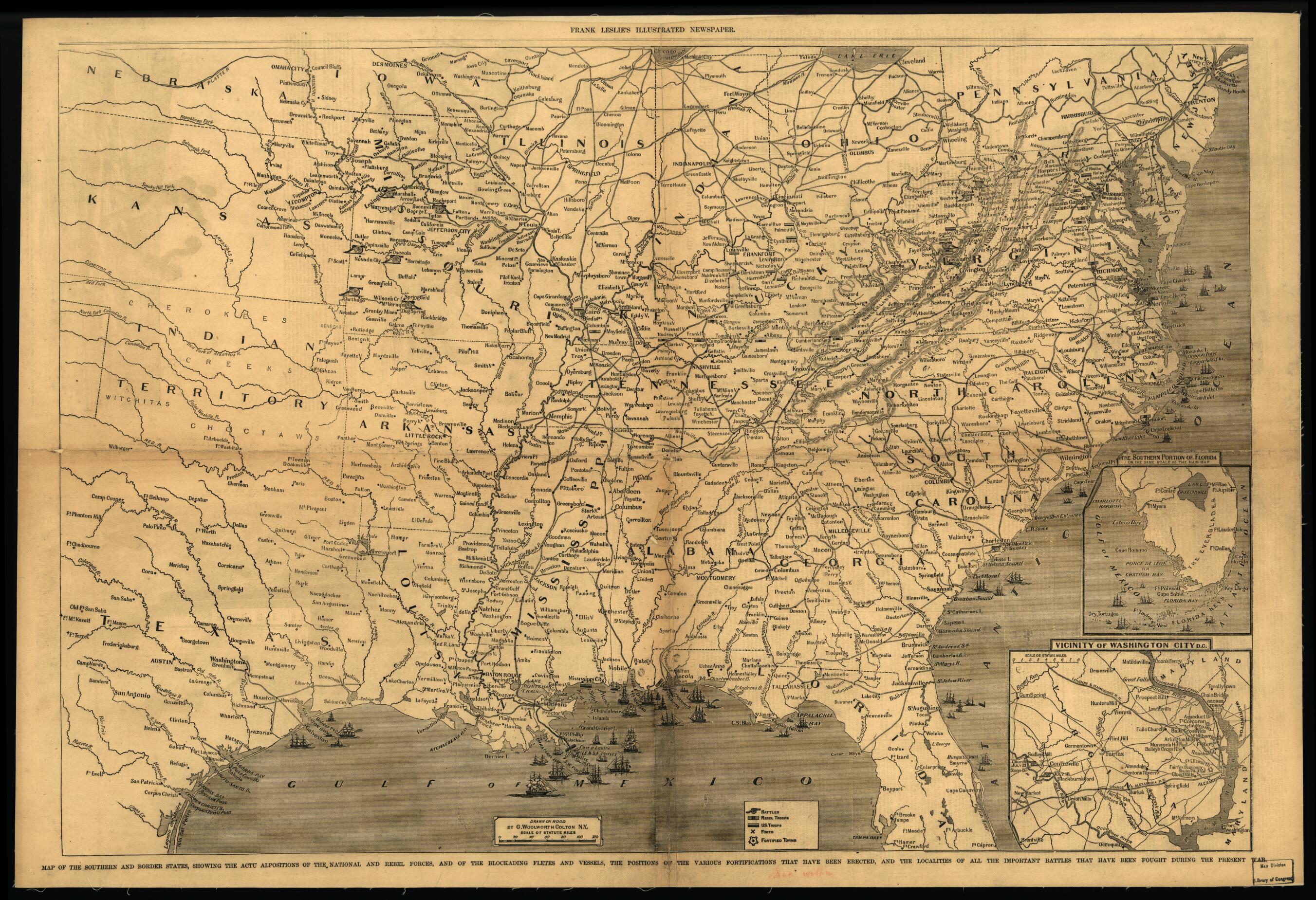 This old map of Map of the Sourthern and Border States, Showing the Actu Alpositions sic of the National and Rebel Forces, and of the Blockading Fletes sic and Vessels, the Positions of the Various Fortifications That Have Been Erected, and the Localitie