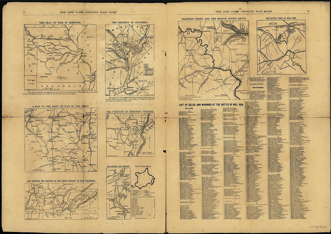 This old map of The Tribune War Maps from 1861 was created by G. Woolworth (George Woolworth) Colton in 1861