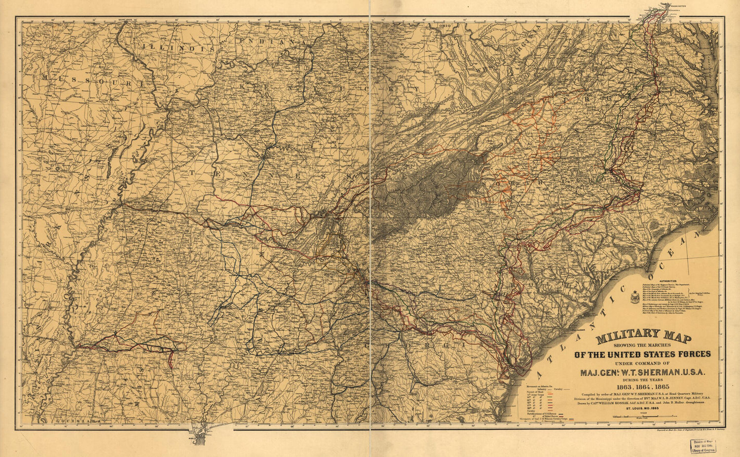 This old map of Military Map Showing the Marches of the United States Forces Under Command of Maj. Genl. W. T. Sherman, U.S.A., During the Years 1863, 1864, from 1865 was created by Joseph R. (Joseph Roswell) Hawley, W. L. B. (William Le Baron) Jenney, W