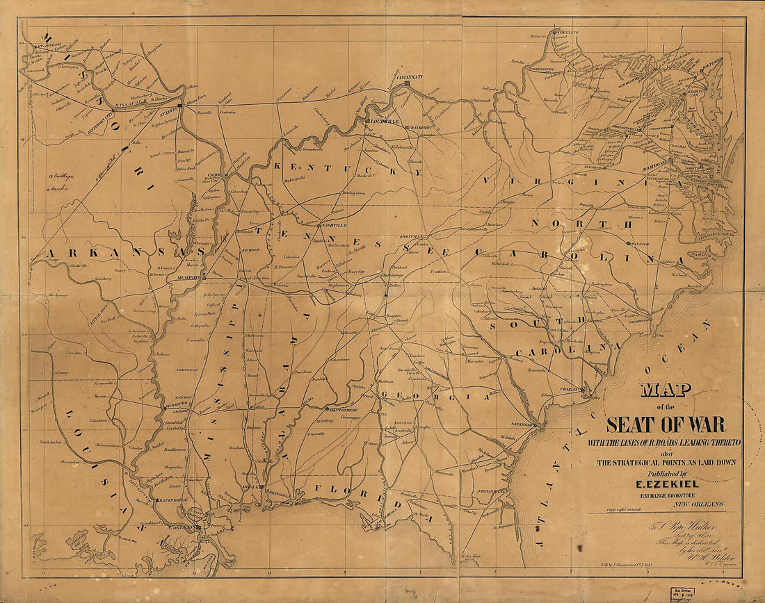 This old map of Map of the Seat of War With the Lines of R. Roads Leading Thereto, Also the Strategical Points As Laid Down from 1861 was created by E. Ezekiel in 1861