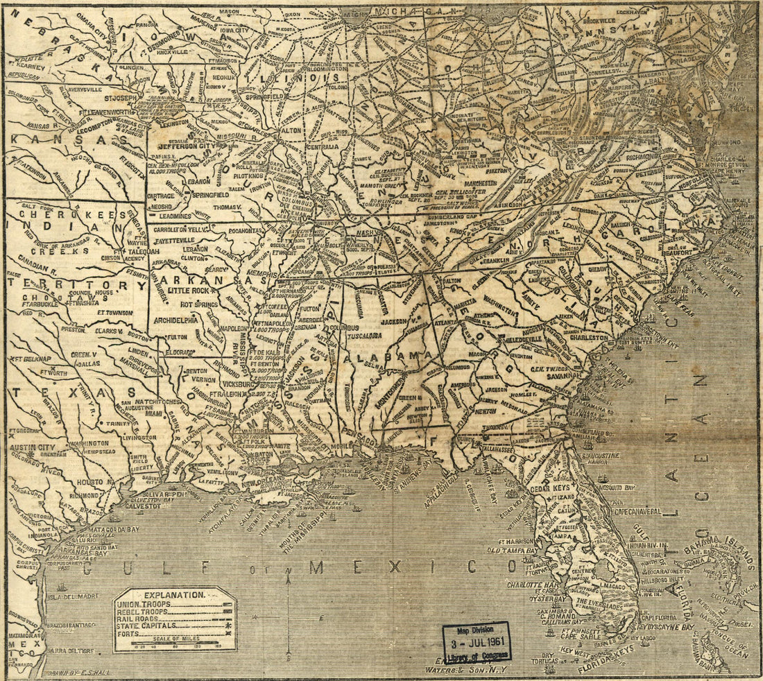 This old map of The Union Blockade of the Atlantic and Gulf Coast-the Rebel Batteries On the Mississippi-the Forts On the Southern Sea Line from 1861 was created by Edward S. Hall in 1861