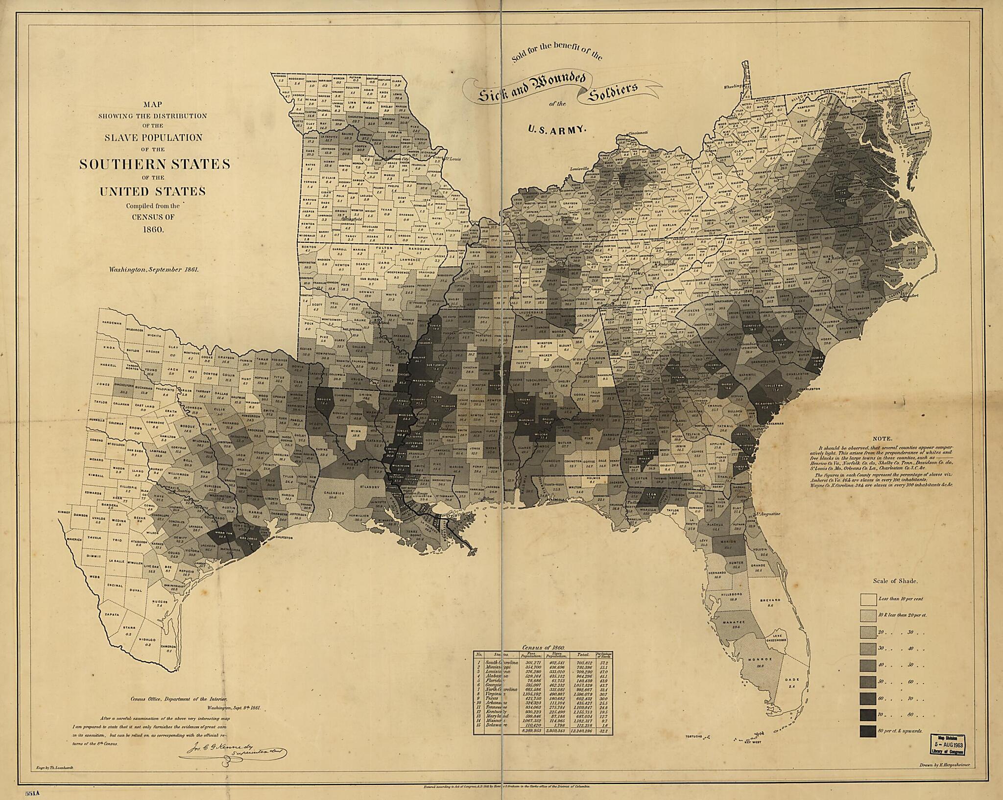 This old map of Map Showing the Distribution of the Slave Population of the Southern States of the United States. Compiled from the Census of 1860 from 1861 was created by E. (Edwin) Hergesheimer in 1861