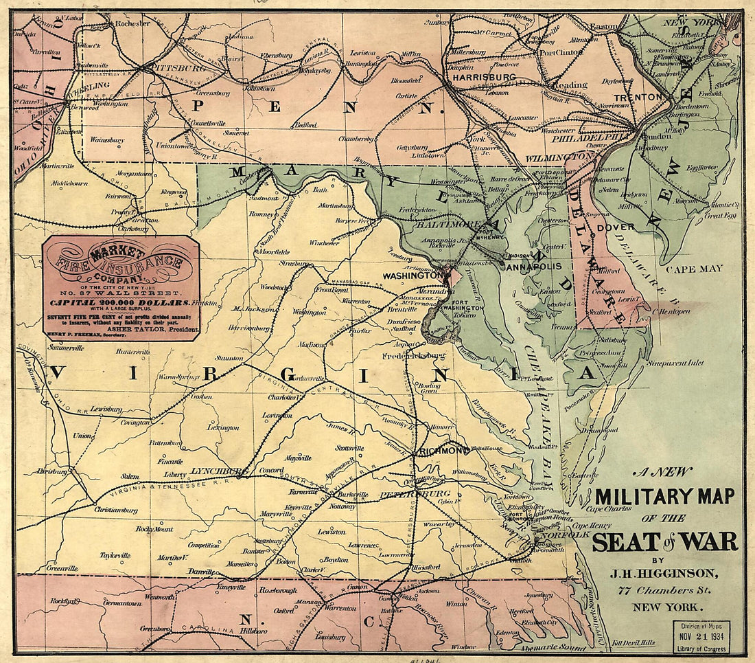 This old map of A New Military Map of the Seat of War from 1861 was created by J. H. Higginson in 1861