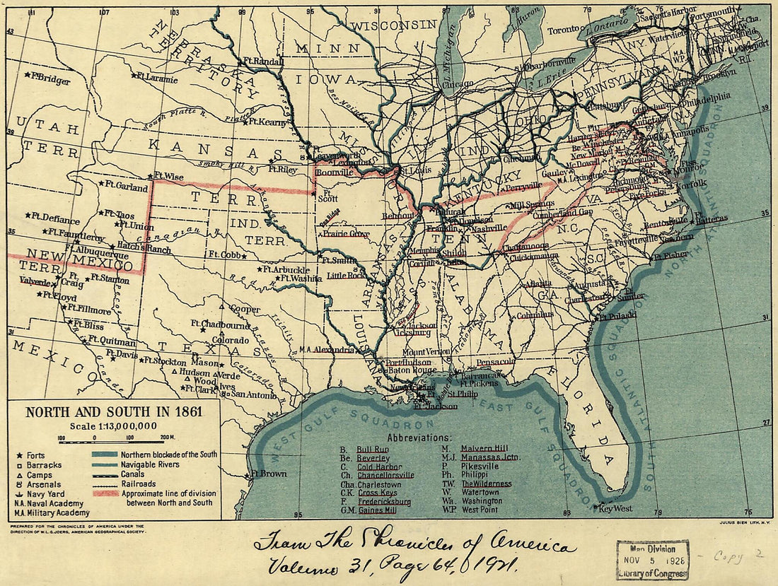 This old map of North and South In 1861 from 1921 was created by W. L. G. (Wolfgang Louis Gottfried) Joerg in 1921