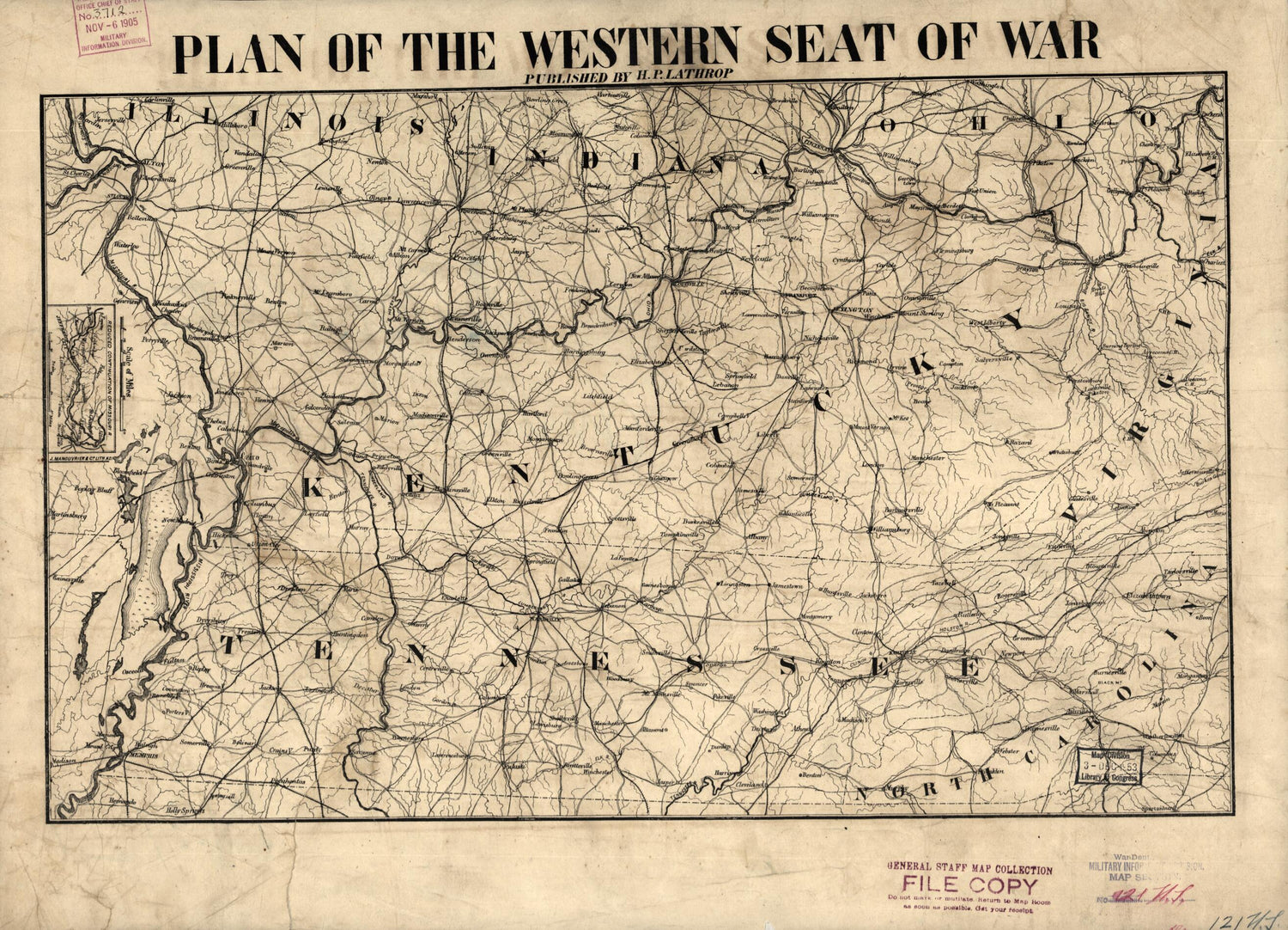 This old map of Plan of the Western Seat of War from 1865 was created by H. P. Lathrop in 1865